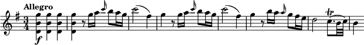 
\relative c''' {
  \version "2.18.2"
  \tempo "Allegro"
  \key g \major
  \time 3/4
  <g b, d,>4\f q q |
  q4 r8 g16 a \grace c16 b8 a16 g |
  c2( fis,4) |
  g4 r8 g16 a \grace c b8 a16 g |
  c2( fis,4) |
  g4 r8 b16 a \grace a g8 fis16 e |
  d2 c8.(\trill b32 c) |
  b4
}
