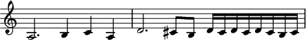 
\header {
  tagline = ##f
}
\score {
  \new Staff \with {
     \remove "Time_signature_engraver"
  }
<<
  \relative c' {
    \key c \major
    %\clef bass
    \time 3/2
    \override TupletBracket #'bracket-visibility = ##f 
     %%% f° 26-31v
     a2. b4 c a  d2. cis8 b d16 cis d cis d cis b cis
  }
>>
  \layout {
     \context { \Score \remove "Metronome_mark_engraver" }
  }
  \midi {}
}
