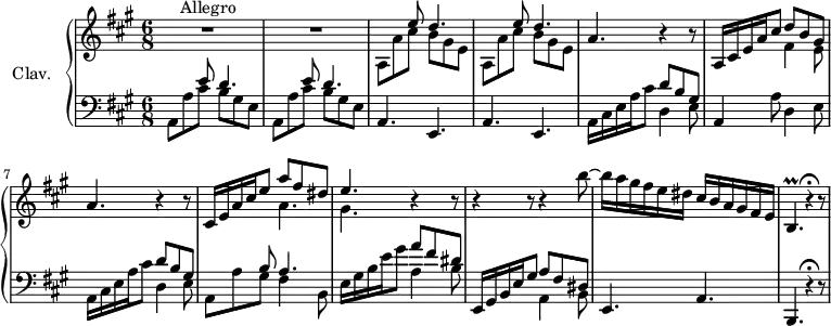 
\version "2.18.2"
\header {
  tagline = ##f
}
% les petites notes
TrillB   = { \tag #'print { b4.~\prall } \tag #'midi { \repeat unfold 3 { cis32 b } \tempo 4. = 62 cis b~ \tempo 4. = 50 b4 }  }
upper = \relative c'' {
  \clef treble 
  \key a \major
  \time 6/8
  \tempo 4. = 66
  \set Staff.midiInstrument = #"harpsichord"
    R2.*2^\markup{Allegro} \repeat unfold 2 { << { s4 e8 d4. } \\ { a,8 a' cis b gis e } >> } a4. r4 r8 |
    % ms. 4
    a,16 cis e a cis8 << { d8 b gis } \\ { fis4 e8 } >> a4. r4 r8 | cis,16 e a cis e8 << { a8 fis dis | e4. } \\ { a,4. gis } >> r4 r8 |
    % ms. 10
    r4 r8 r4 b'8~ | b16 a gis fis e dis cis b16 a gis fis e | \TrillB r4\fermata r8 | 
}
lower = \relative c' {
  \clef bass
  \key a \major
  \time 6/8
  \set Staff.midiInstrument = #"harpsichord"
    % **************************************
     \repeat unfold 2 { << { s4 e8 d4. } \\ { a,8 a' cis b gis e } >> } | \repeat unfold 2 { a,4. e } | a16 cis e a cis8 << { d8 b gis } \\ { d4 e8 } >> 
     % ms. 6
     a,4 a'8 d,4 e8 | a,16 cis e a cis8 << { d8 b gis s4 b8 a4. } \\ { d,4 e8 | a,8 a' gis fis4 b,8 } >> | 
     % ms. 9
     e16 gis b e gis8 << { a8 fis dis } \\ { a4 b8  } >> e,,16 gis b e gis8 << { a8 fis dis } \\ { a4 b8  } >> e,4. a b, | r4\fermata r8 | 
} 
thePianoStaff = \new PianoStaff <<
    \set PianoStaff.instrumentName = #"Clav."
    \new Staff = "upper" \upper
    \new Staff = "lower" \lower
  >>
\score {
  \keepWithTag #'print \thePianoStaff
  \layout {
      #(layout-set-staff-size 17)
    \context {
      \Score
     \override SpacingSpanner.common-shortest-duration = #(ly:make-moment 1/2)
      \remove "Metronome_mark_engraver"
    }
  }
}
\score {
  \keepWithTag #'midi \thePianoStaff
  \midi { }
}
