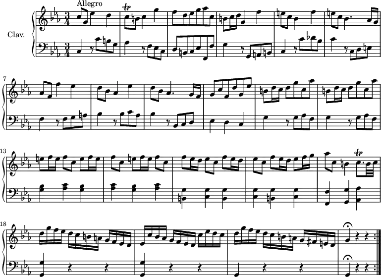 
\version "2.18.2"
\header {
  tagline = ##f
  % composer = "Domenico Scarlatti"
  % opus = "K. 73"
  % meter = "Allegro"
}
%% les petites notes
trillCq        = { \tag #'print { c8\trill } \tag #'midi { d32 c d c } }
trillCqp       = { \tag #'print { c8.\trill } \tag #'midi { d32 c d c~ c16 } }
upper = \relative c'' {
  \clef treble 
  \key c \minor
  \time 3/4
  \tempo 4. = 80
  \set Staff.midiInstrument = #"harpsichord"
  \override TupletBracket.bracket-visibility = ##f
  \repeat volta 2 {
      s8*0^\markup{Allegro}
      c8 g ees'4 d | \trillCq b8 c4 g' | f8 d ees g aes c, | b c16 d g,4 f' |
      % ms. 5
      e8 c bes4 f' | e8 c bes4. aes16 g | aes8 f f'4 ees | d8 bes aes4 ees' | d8 bes aes4. g16 f |
      % ms. 10
      g8 c f, d' g, ees' | \repeat unfold 2 { b d16 c d8 g c, aes' } | \repeat unfold 3 { e8 f16 e f8 c }
      % ms. 15
      \repeat unfold 2 { f8 ees16 d ees8 c } f8 ees16 d ees8 f16 g | aes8 c, b4 \trillCqp b32 c |
      % ms. 18
      d16 g f ees d c b a g f ees d | ees c' bes aes  g f ees d  c' ees d c | d g f ees d c b a g fis e d | g4\fermata r4 r4 }%repet
}
lower = \relative c' {
  \clef bass
  \key c \minor
  \time 3/4
  \set Staff.midiInstrument = #"harpsichord"
  \override TupletBracket.bracket-visibility = ##f
  \repeat volta 2 {
    % ************************************** \appoggiatura a16  \repeat unfold 2 {  } \times 2/3 { }   \omit TupletNumber 
      c,4 r8 c'8 b g | aes4 r8 f8 ees c | d b c ees f, f' | g4 r8 g,8 a b |
      % ms. 5
      c4 r8 c'8 des bes | c4 r8 c,8 d e | f4 r8 f8 g a | bes4 r8 bes c aes | bes4 r8 bes,8 c d 
      % ms. 10
      ees4 d c |  \repeat unfold 2 { g' r8 g aes f } | \repeat unfold 3 { < g bes >4  < aes c > }
      % ms. 15
      \repeat unfold 3 { < b, g' >4 < c g' > } < f, f' >4 < g g' > < aes aes' >
      % ms. 18
      \repeat unfold 2 { < g g' >4 r4 r4 } g4 r4 r4 | g4\fermata r4 r4 }%repet
}
thePianoStaff = \new PianoStaff <<
    \set PianoStaff.instrumentName = #"Clav."
    \new Staff = "upper" \upper
    \new Staff = "lower" \lower
  >>
\score {
  \keepWithTag #'print \thePianoStaff
  \layout {
      #(layout-set-staff-size 17)
    \context {
      \Score
     \override SpacingSpanner.common-shortest-duration = #(ly:make-moment 1/2)
      \remove "Metronome_mark_engraver"
    }
  }
}
\score {
  \keepWithTag #'midi \thePianoStaff
  \midi { }
}
