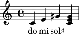 
{
   <<
   \relative c' {
      \key c \major
      \time 4/4
      \transposition c'
      c e gis << gis e c >>
      }
   \addlyrics { do mi sol♯
      }
   >>
}
