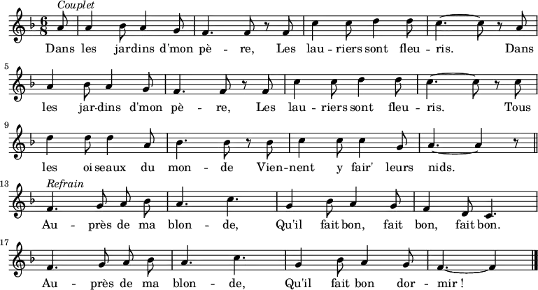 
\new Staff {
\relative c'' {
  \key f \major
  \numericTimeSignature 
  \time 6/8
  \tempo 4. = 102
  \autoBeamOff
  \partial 8
  a8^ \markup { \italic Couplet }
  a4 bes8 a4 g8
  f4. f8 r f
  c'4 c8 d4 d8
  c4. ~ c8 r a \break
  a4 bes8 a4 g8
  f4. f8 r f
  c'4 c8 d4 d8
  c4. ~ c8 r c \break
  d4 d8 d4 a8
  bes4. bes8 r bes
  c4 c8 c4 g8
  a4. ~ a4 r8 \break \bar "||"
  f4.^ \markup { \italic Refrain } g8 a bes
  a4. c
  g4 bes8 a4 g8
  f4 d8 c4. \break
  f g8 a bes
  a4. c
  g4 bes8 a4 g8
  f4. ~ f4 \bar "|."
} }
\addlyrics { 
\lyricmode {
    Dans les jar -- dins d'mon pè -- re,
    Les lau -- riers sont fleu -- ris.
    Dans les jar -- dins d'mon pè -- re,
    Les lau -- riers sont fleu -- ris.
    Tous les oi -- seaux du mon -- de
    Vien -- nent y fair' leurs nids.
    Au -- près de ma blon -- de,
    Qu'il fait bon, fait bon, fait bon.
    Au -- près de ma blon -- de,
    Qu'il fait bon dor -- mir_!
} }
  \layout {
    \context {
      \Score
      \remove "Metronome_mark_engraver"
    }
  }
  \midi {
    \context {
      \Score
      \remove "Metronome_mark_engraver"
      %tempoWholesPerMinute = #(ly:make-moment 360 8)
    }
  }
