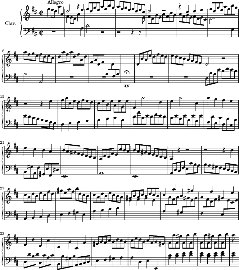 
\version "2.18.2"
\header {
  tagline = ##f
  % composer = "Domenico Scarlatti"
  % opus = "K. 414"
  % meter = "Allegro"
}
%% les petites notes
%trillBesp     = { \tag #'print { bes4.\prall } \tag #'midi { c32 bes c bes~ bes4 } }
upper = \relative c'' {
  \clef treble 
  \key d \major
  \time 2/2
  \tempo 2 = 98
      s8*0^\markup{Allegro}
      fis4 e8 d a'4 a, | \stemUp d2 r4 e4 | fis8 d g e a fis b g | a fis g e 	\stemUp fis d e cis |
      % ms. 5
      d2 r2 | r4 cis4 d e | fis8 d g e \stemNeutral  a fis b g | a fis g e fis d e cis |
      % ms. 9
      d8 a' fis a  d, fis a, d | fis, a d, fis \change Staff = "lower" a, \change Staff = "upper" d \change Staff = "lower" fis, a \stemNeutral   \change Staff = "upper" | s1 | d8 b' a e' d fis e d | e d cis b a g fis e |
      % ms. 14
      d2 r2 | r2 r4 | e'4 | fis8 a cis, e d fis e d | cis e b e a, e' g, e' | fis,4 a'2 d,4 | 
      % ms. 19
      e4 a2 cis,4 | a' g fis e | d cis b a | b8 a gis fis e d cis b | a d cis fis e cis' b a |
      % ms. 24
      b8 a gis fis e d cis b | a4 r4 r2 | r2 r4 b'4 | cis8 a d b e cis fis d |
      % ms. 28
      gis8 e a fis b d, cis b | cis a d b e cis b a \stemUp | gis b a cis b d cis b | cis4 a' b, gis' |
      % ms. 32
      a,4 fis' gis, e' \stemNeutral | fis, d' e, cis' | d, b' cis, a' | gis8 b a cis b d cis b |
      % ms. 36
      cis8 e d b cis a b gis | \repeat unfold 2 { a a' a, gis' a, a' a, b' } | a8
}
lower = \relative c' {
  \clef bass
  \key d \major
  \time 2/2
    % **************************************
      R1 \stemDown \change Staff = "upper" | fis4 e8 d a'4 \stemNeutral \change Staff = "lower" a, | d2 r2 | r2 r4 r8 \stemDown \change Staff = "upper"  e8 |
      % ms. 5
      fis8 d g e a fis b g | a fis g e fis d e cis | d2. \stemNeutral \change Staff = "lower"  g,4 | a2 a, |
      % ms. 9
      R1*2 | d,1\fermata | R1*2 |
      % ms. 14
      d'8 b' a e' d fis e d | e d cis b a g fis e | d4 e fis g | a b cis a | d8 a' cis, e d fis e d |
      % ms. 19
      cis8 e b e a, e' g, e' | fis, d' e, cis' d, b' cis, a' | b, gis' a, fis' gis, e' fis, dis' | e,1 | a |
      % ms. 24
      e1 | a8 d cis fis e cis' b a | b a gis fis e d cis b | a4 b cis d |
      % ms. 28
      e4 fis gis e | a b cis d |
      \stemDown \change Staff = "upper" e fis gis e |
      \stemUp \change Staff = "lower"  a,8 \stemDown \change Staff = "upper"  a' fis a \stemUp \change Staff = "lower"  gis, \stemDown \change Staff = "upper"   gis' e gis \stemUp \change Staff = "lower" |
      % ms. 32
      fis,8 \stemDown \change Staff = "upper"   fis' d fis |
      \stemUp \change Staff = "lower"  e, \stemDown \change Staff = "upper"   e' cis e |
      \stemNeutral \change Staff = "lower"  d, d' b d | cis, cis' a cis | b, b' gis b | a, b cis d | e4 fis gis a |
      % ms. 36
      a4 d, e e, | < a' cis >4 \repeat unfold 2 { < b d > < cis e > < d fis > | < cis e > }
}
thePianoStaff = \new PianoStaff <<
    \set PianoStaff.instrumentName = #"Clav."
    \new Staff = "upper" \upper
    \new Staff = "lower" \lower
  >>
\score {
  \keepWithTag #'print \thePianoStaff
  \layout {
      #(layout-set-staff-size 17)
    \context {
      \Score
     \override TupletBracket.bracket-visibility = ##f
     \override SpacingSpanner.common-shortest-duration = #(ly:make-moment 1/2)
      \remove "Metronome_mark_engraver"
    }
  }
}
\score {
  \keepWithTag #'midi \thePianoStaff
  \midi { \set Staff.midiInstrument = #"harpsichord" }
}
