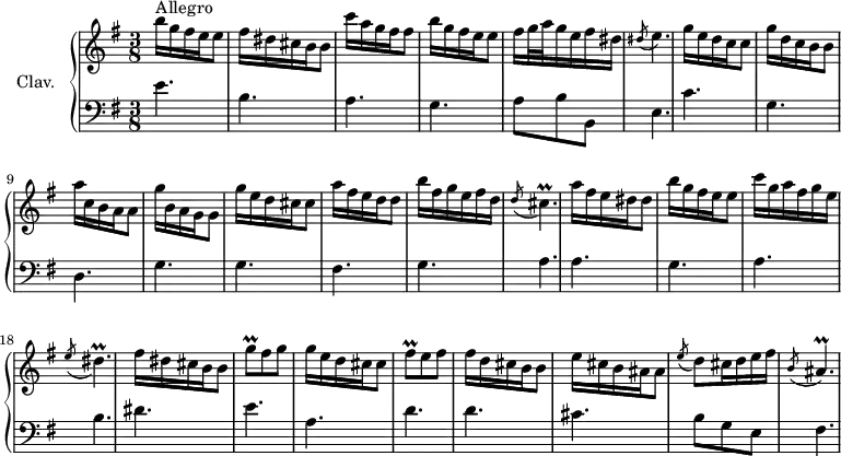 
\version "2.18.2"
\header {
  tagline = ##f
  % composer = "Domenico Scarlatti"
  % opus = "K. 292"
  % meter = "Allegro"
}
%% les petites notes
trillGqUp     = { \tag #'print { g'8\prall } \tag #'midi { a32 g a g } }
trillFisq     = { \tag #'print { fis8\prall } \tag #'midi { g32 fis g fis } }
trillAisp     = { \tag #'print { ais4.\prall } \tag #'midi { b32 ais b ais~ ais4 } }
trillDisp     = { \tag #'print { dis4.\prall } \tag #'midi { e32 dis e dis~ dis4 } }
trillCisp     = { \tag #'print { cis4.\prall } \tag #'midi { d32 cis d cis~ cis4 } }
upper = \relative c'' {
  \clef treble 
  \key e \minor
  \time 3/8
  \tempo 4. = 82
      s8*0^\markup{Allegro}
      b'16 g fis e e8 | fis16 dis cis b b8 | c'16 a g fis fis8 | b16 g fis e e8 | fis16 g32 a g16 e fis dis | \acciaccatura dis8 e4. |
      % ms. 7
      g16 e d c c8 | g'16 d c b b8 | a'16 c, b a a8 | g'16 b, a g g8 | g'16 e d cis cis8 | a'16 fis e d d8 |
      % ms. 13
      b'16 fis g e fis d | \acciaccatura d8 \trillCisp | a'16 fis e dis dis8 | b'16 g fis e e8 | c'16 g a fis g e | \acciaccatura e8 \trillDisp | 
      % ms. 19
      fis16 dis cis b b8 | \trillGqUp fis g | g16 e d cis cis8 | \trillFisq e fis | fis16 d cis b b8 | e16 cis b ais ais8 |
      % ms. 25
      \acciaccatura e'8 d8 cis16 d e fis | \acciaccatura b,8 \trillAisp | 
      % ms. 31
      % ms. 37
}
lower = \relative c' {
  \clef bass
  \key e \minor
  \time 3/8
    % ************************************** \appoggiatura a16  \repeat unfold 2 {  } \times 2/3 { }   \omit TupletNumber 
      e4. b a g  | a8 b b, | e4. |
      % ms. 7
      c'4. g d g g fis |
      % ms. 13
      g4. a a g a b |
      % ms. 19
      dis4. e a, d d cis |
      % ms. 25
      b8 g e | fis4. |% << {} \\ { fis'4 e8  } >>
      % ms. 31
      % ms. 37
}
thePianoStaff = \new PianoStaff <<
    \set PianoStaff.instrumentName = #"Clav."
    \new Staff = "upper" \upper
    \new Staff = "lower" \lower
  >>
\score {
  \keepWithTag #'print \thePianoStaff
  \layout {
      #(layout-set-staff-size 17)
    \context {
      \Score
     \override TupletBracket.bracket-visibility = ##f
     \override SpacingSpanner.common-shortest-duration = #(ly:make-moment 1/2)
      \remove "Metronome_mark_engraver"
    }
  }
}
\score {
  \keepWithTag #'midi \thePianoStaff
  \midi { \set Staff.midiInstrument = #"harpsichord" }
}
