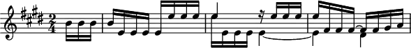 
\version "2.18.2"
\header {
  tagline = ##f
}
\score {
  \new Staff \with {
  }
<<
  \relative c'' {
    \key e \major
    \time 2/4
    \set Staff.midiInstrument = #"harpsichord"
    \override TupletBracket #'bracket-visibility = ##f 
    %\autoBeamOff
     %%%%%
     \partial 8.
     b16 b b | b e, e e e e' e e  | << { e4 r16 e16 e e | e fis, fis fis~ fis fis gis a  } \\ { e'16 e, e e  e4~ | e dis } >>
  }
>>
  \layout {
     \context { \Score \remove "Metronome_mark_engraver" }
  }
  \midi {}
}
