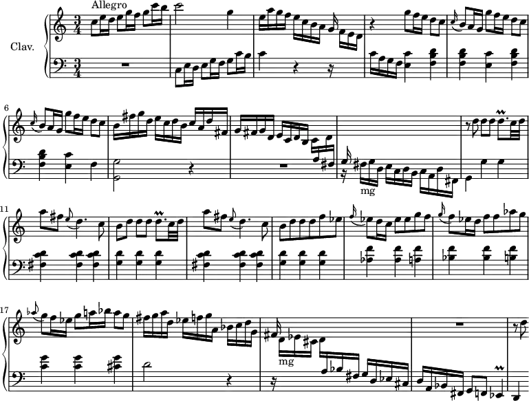 
\version "2.18.2"
\header {
  tagline = ##f
  % composer = "Domenico Scarlatti"
  % opus = "K. 225"
  % meter = "Allegro"
}
%% les petites notes
trillDqp     = { \tag #'print { d8.\prall } \tag #'midi { e32 d e d~ d16 } }
trillEes     = { \tag #'print { ees4\prall } \tag #'midi { f32 ees f ees~ ees8 } }
upper = \relative c'' {
  \clef treble 
  \key c \major
  \time 3/4
  \tempo 4 = 92
  \set Staff.midiInstrument = #"harpsichord"
  \override TupletBracket.bracket-visibility = ##f
      s8*0^\markup{Allegro}
      c8 e16 d e8 g16 f g8 c16 b | c2 g4 | e16 a g f e c b a g s16 s8 | r4  \repeat unfold 2 { g'8 f16 e d8 c |
      % ms. 5
      \appoggiatura c16 b8 a16 g } g'8 f16 e d8 c | b16 fis' g d e c d b c a d fis, | g fis g d e c d b \stemDown c \stemUp \change Staff = "lower" a16 \stemDown \change Staff = "upper" d \stemUp \change Staff = "lower" fis, | 
      % ms. 9
      g s16 s8 s2 \change Staff = "upper" | \stemNeutral r8 \repeat unfold 2 { d''8 d d \trillDqp c32 d | a'8 fis \appoggiatura e8 d4. c8 | b8 }
      % ms. 14 suite
      d8 d d f ees | \appoggiatura f16 ees8 d16 c ees8 ees g f | \appoggiatura g16 f8 ees16 d f8 f aes g |
      % ms. 17
      \appoggiatura aes8 g8 f16 ees g8 a16 bes a8 g | fis16 g a d, ees f g a, bes c d g, | fis s16 s8 s2 | R2. | \change Staff = "upper"
      % ms. 21
      r8 d'8
}
lower = \relative c' {
  \clef bass
  \key c \major
  \time 3/4
  \set Staff.midiInstrument = #"harpsichord"
  \override TupletBracket.bracket-visibility = ##f
    % ************************************** \appoggiatura a8  \repeat unfold 2 {  } \times 2/3 { }   \omit TupletNumber 
      R2. | c,8 e16 d e8 g16 f g8 c16 b | c4 r4 r16 \stemDown \change Staff = "upper" f16 e d | \change Staff = "lower" c a g f \repeat unfold 2 { < e c' >4 < f b d > |
      % ms. 5
      < f b d >4 } < e c' > f4 | < g, g' >2 r4 | R2. |
      % ms. 9
      r16 fis'16-\markup{mg} g d e c d b c a d fis, | g4 g' g | \repeat unfold 2 { < fis c' d >4 q q | < g d' > q q } | < aes f' > q < a f' > | < bes f' > q < b f' >
      % ms. 17
      < c g' > q < cis g' > | d2 r4 | r16 \stemDown \change Staff = "upper" d16-\markup{mg} ees cis d \stemUp \change Staff = "lower" a bes fis g d ees cis | d a bes fis g8 f \trillEes |
      % ms. 21
      d4
}
thePianoStaff = \new PianoStaff <<
    \set PianoStaff.instrumentName = #"Clav."
    \new Staff = "upper" \upper
    \new Staff = "lower" \lower
  >>
\score {
  \keepWithTag #'print \thePianoStaff
  \layout {
      #(layout-set-staff-size 17)
    \context {
      \Score
     \override SpacingSpanner.common-shortest-duration = #(ly:make-moment 1/2)
      \remove "Metronome_mark_engraver"
    }
  }
}
\score {
  \keepWithTag #'midi \thePianoStaff
  \midi { }
}
