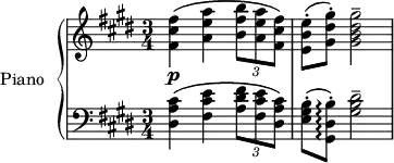 
\version "2.18.2"
\header {
  tagline = ##f
}
upper = \relative c' {
  \clef treble 
  \key cis \minor
  \time 2/4
  \tempo 4 = 56
  \tempo ""
  \set Staff.midiInstrument = #"acoustic grand"
   < fis cis' fis >4\p\( < a e' a > \times 2/3 { < b fis' b >8 < a e' a > < fis cis' fis >\) }
   < e b' e >8-.( < gis dis' gis >-.) < gis b dis gis >2--
}
lower = \relative c {
  \clef bass
  \key cis \minor
  \time 3/4
  \set Staff.midiInstrument = #"acoustic grand"
  < dis a' cis >4\( < fis cis' e > \times 2/3 { < a dis fis >8 < fis cis' e > < dis a' cis>\) }
  < e gis b >8-.( < gis, dis' b' >-.)\arpeggio < gis' b dis >2--
} 
\score {
  \new PianoStaff <<
    \set PianoStaff.instrumentName = #"Piano"
    \new Staff = "upper" \upper
    \new Staff = "lower" \lower
  >>
  \layout {
    \context {
      \Score
      %\override SpacingSpanner.common-shortest-duration = #(ly:make-moment 1/3)
      \remove "Metronome_mark_engraver"
    }
  }
  \midi { }
}
