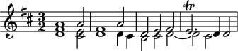 
\version "2.18.2"
\header {
  tagline = ##f
  % composer = "Johann Pachelbel"
  % opus = "Chaconne en ré majeur, P. 40"
  % meter = ""
}
\score {
<<
  \relative c'' {
    %\clef bass
    \key d \major
    \time 3/2
    \override TupletBracket #'bracket-visibility = ##f 
     %s8*0^\markup{Aria}
     << { a1 a2 | fis1 a2 | d, e fis e2.\trill d4 d2  } 
     \\ { < d fis >1 < cis e >2 | d1 d4 cis | b2 cis d~ | d cis  } >>
  }
>>
  \layout {
     #(layout-set-staff-size 17)
     \context { \Score \remove "Metronome_mark_engraver" 
     \override SpacingSpanner.common-shortest-duration = #(ly:make-moment 1/2)
     }
  }
}
