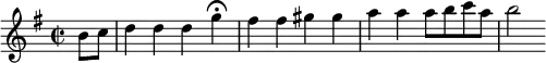 
\relative a' {
\set Staff.midiInstrument = #"recorder"
\set Score.tempoHideNote = ##t
\tempo 4 = 145
\key g \major
\time 2/2
\partial 4
b8 c
d4 d d \tempo 4 = 45 g\fermata \tempo 4 = 145  fis fis gis gis a a a8 b c a b2 }
