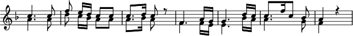 
\header {
  tagline = ##f
}
\score {
  \new Staff \with {
    \remove "Time_signature_engraver"
  }
<<
  \relative c'' {
    \key f \major
    \time 2/4
    \override TupletBracket #'bracket-visibility = ##f 
    \autoBeamOff
     %%%%%%%%%%%%%%%%%%%%%%%%%% K Anh 24a
     << { c4. c8 f e16[ d] c8 c c8.[ d16] c8 r8 f,4. a16[ g] g4. d'16[ c] c8.[ f16 c8] bes a4 r4 } \\ { a4. a8 d8 c16[ bes] a8 a a8.[ bes16] a8 s8 f4. f16[ e] e4. bes'16[ a] a4. g8 f4 s4 } >>
  }
  \addlyrics {
     Ach, was müs- sen wir er- fah- ren? Wie ! Jo- se- pha lebt nicht mehr
  }
>>
  \layout {
    \context {
      \remove "Metronome_mark_engraver"
    }
  }
  \midi {}
}
