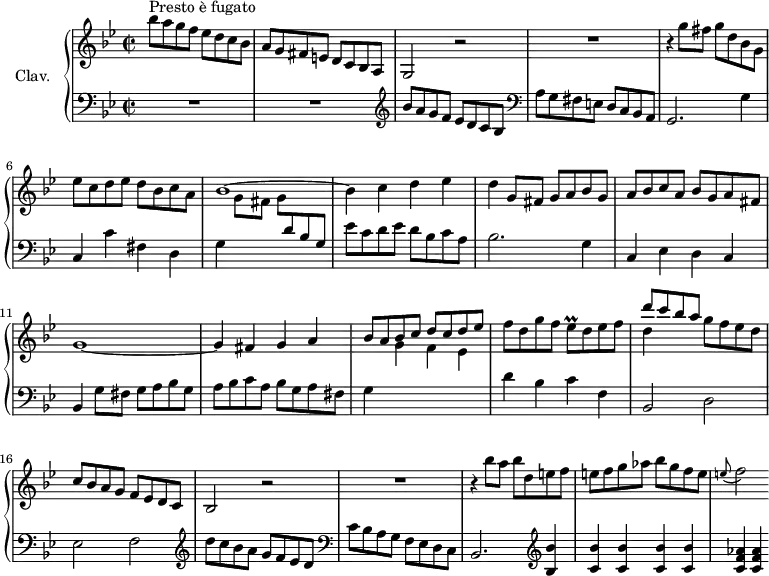 
\version "2.18.2"
\header {
  tagline = ##f
  % composer = "Domenico Scarlatti"
  % opus = "K. 373"
  % meter = "Presto è fugato"
}
%% les petites notes
trillEesp     = { \tag #'print { ees8\prall } \tag #'midi { f32 ees f ees } }
upper = \relative c'' {
  \clef treble 
  \key g \minor
  \time 2/2
  \tempo 2 = 96
  \set Staff.midiInstrument = #"harpsichord"
  \override TupletBracket.bracket-visibility = ##f
      s8*0^\markup{Presto è fugato}
      bes'8 a g f ees d c bes | a8 g fis e d c bes a | g2 r2 | R1 |
      % ms. 5
      r4 g''8 fis g d bes g | ees' c d ees d bes c a | bes1~ | bes4 c d ees |
      % ms. 9
      d4 g,8 fis g a bes g | a bes c a bes g a fis | g1~ | g4 fis g a | \stemUp
      % ms. 13
      bes8 a bes c d c d ees | \stemNeutral f d g f \trillEesp d8 ees f | << { d'8 c bes a } \\ { d,4 } >> g8 f ees d | c bes a g f ees d c | 
      % ms. 17
      bes2 r2 | R1 | r4 bes''8 a bes d, e f | e f g aes bes g f e | 
      % ms. 21
      \appoggiatura e8 f2
}
lower = \relative c' {
  \clef bass
  \key g \minor
  \time 2/2
  \set Staff.midiInstrument = #"harpsichord"
  \override TupletBracket.bracket-visibility = ##f
    % ************************************** \appoggiatura a16  \repeat unfold 2 {  } \times 2/3 { }   \omit TupletNumber 
      R1*2 |   \clef treble  bes'8 a g f ees d c bes |   \clef bass a8 g fis e d c bes a |
      % ms. 5
      g2. g'4 | c, c' fis, d | g \stemDown \change Staff = "upper"    g'8 fis g \stemUp \change Staff = "lower" d bes g | \stemNeutral ees' c d ees d bes c a | 
      % ms. 9
      bes2. g4 | c, ees d c | bes g'8 fis g a bes g | a bes c a bes g a fis |
      % ms. 13
      g4 \stemDown \change Staff = "upper"  g' f ees | \stemNeutral \change Staff = "lower" d bes c f, | bes,2 d | ees f |   \clef treble 
      % ms. 17
       d''8 c bes a g f ees d |   \clef bass  c bes a g f ees d c | bes2.   \clef treble  < bes' bes' >4 | < c bes' > q q q |
      % ms. 21
      < c f aes >4 q 
}
thePianoStaff = \new PianoStaff <<
    \set PianoStaff.instrumentName = #"Clav."
    \new Staff = "upper" \upper
    \new Staff = "lower" \lower
  >>
\score {
  \keepWithTag #'print \thePianoStaff
  \layout {
      #(layout-set-staff-size 17)
    \context {
      \Score
     \override SpacingSpanner.common-shortest-duration = #(ly:make-moment 1/2)
      \remove "Metronome_mark_engraver"
    }
  }
}
\score {
  \keepWithTag #'midi \thePianoStaff
  \midi { }
}
