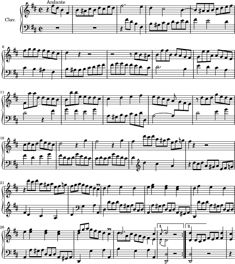 
\version "2.18.2"
\header {
  tagline = ##f
  % composer = "Domenico Scarlatti"
  % opus = "K. 408"
  % meter = "Andante"
}
%% les petites notes
trillCis      = { \tag #'print { cis4\prall } \tag #'midi { d32 cis d cis~ cis8 } }
trillCisdb    = { \tag #'print { \appoggiatura cis'8 d2 } \tag #'midi { cis4   \tempo 2 = 56 d4   \tempo 2 = 78 } }
trillEdb      = { \tag #'print { \appoggiatura e,8 d2 } \tag #'midi { e4   \tempo 2 = 56 d4   \tempo 2 = 78 } }
upper = \relative c'' {
  \clef treble 
  \key b \minor
  \time 2/2
  \tempo 2 = 78 % tempo Ross
  \repeat volta 2 {
      s8*0^\markup{Andante}
      r4 fis8 d b4 fis | b8 ais cis b d cis e d | fis2. e4 | d cis2 b4~
      % ms. 5
      b8 ais ais b cis d e  fis | fis g g fis fis e d cis | d4 r4 r2 | r2 r8 cis8 b ais |
      % ms. 9
      b8 fis' fis b, b a g fis | g e' e a, a g fis e  | fis a' a d, d cis cis b | b b' b e, e d d cis |
      % ms. 13
      cis4 d e fis | e8 d cis b  a s4. | r8 d8 cis d g e d cis | cis d cis d g e d cis | 
      % ms. 17
      d2 r4 g4 | fis2 r4 g4 | fis \omit TupletNumber  \times 2/3 { d'8 cis d a[ gis a] e fis g } | fis4 r4 r2 |
      % ms. 21
      r4 \times 2/3 { d'8 cis d a[ gis a] e fis g } | \times 2/3 { fis8 g a g[ fis e] } d4 \trillCis | \repeat unfold 2 { d4 fis e d |
      % ms. 24
      e4 < e g > < d fis > < cis e > } |
      % ms. 27
      << { \omit TupletNumber \times 2/3 { fis8[ g a] } } \\ { d,4 } >> \times 2/3 { g8 fis e } d4 \trillCis | 
      << { d2. cis4 } 
       \\ { \omit TupletNumber \times 2/3 { d8 a cis b[ a g] } fis4 e } >> }%repet
      % ms. 30
      \alternative {
          { << { \trillCisdb } \\ { \trillEdb } >> r2 }
          { < d d' >4 \times 2/3 { d8 cis d } }
      }%alter
      \times 2/3 { fis[ e fis] } < fis d' >4 | < e cis' >
}
lower = \relative c' {
  \clef bass
  \key b \minor
  \time 2/2
  \repeat volta 2 {
    % **************************************
      R1*2 | r4 fis8 d b4 fis | b8 ais cis b d cis e d |
      % ms. 5
      fis4 e2 d4 | cis b ais fis | b8 ais ais b cis d e fis | fis g g fis fis e d cis |
      % ms. 9
      d2. b4 | e d cis a | d2 r4 fis4 | g fis e g |
      % ms. 13
      a,8 gis b a cis b d d, | a'2~ a8  \stemDown \change Staff = "upper"  g' fis e \stemNeutral \change Staff = "lower"  | d2 e4 g | fis d e g |
      % ms. 17
      fis8 d cis d g e d cis | cis d cis d g e d cis | d4   \clef treble  d' cis a | r4  \omit TupletNumber  \times 2/3 { d8 cis d a[ gis a] e fis g }  
      % ms. 21
      fis4 d cis a | d   \clef bass g, a a, | d \repeat unfold 2 { \times 2/3 { d'8 cis d a[ gis a] d, cis d }
      % ms. 24
      a4 \times 2/3 { a'8 gis a d,8[ cis d] a gis a } |
      % ms. 27
       d,4 } g'  a a, | b' g a a, }%repet
      % ms. 30
      \alternative {
          { \appoggiatura s8 < d, d' >2 r2 }
          { < d d' >2 r2 | }
      }%alter
      r4
}
thePianoStaff = \new PianoStaff <<
    \set PianoStaff.instrumentName = #"Clav."
    \new Staff = "upper" \upper
    \new Staff = "lower" \lower
  >>
\score {
  \keepWithTag #'print \thePianoStaff
  \layout {
      #(layout-set-staff-size 17)
    \context {
      \Score
     \override TupletBracket.bracket-visibility = ##f
     \override SpacingSpanner.common-shortest-duration = #(ly:make-moment 1/2)
      \remove "Metronome_mark_engraver"
    }
  }
}
\score {
  \unfoldRepeats
  \keepWithTag #'midi \thePianoStaff
  \midi { \set Staff.midiInstrument = #"harpsichord" }
}
