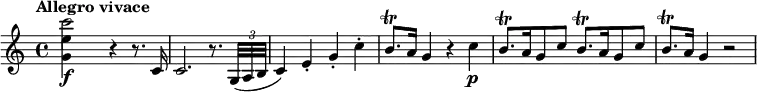 
\relative c''' {
  \version "2.18.2"
  \tempo "Allegro vivace"
   \tempo 4 = 140
  <<
    { \stemDown c2\f } \\
    { <e, g,>4 s }
  >>
  r4 r8. c,16 |
  c2. r8. \times 2/3 { g32( a b } |
  c4) e-. g-. c-. |
  b8.\trill a16 g4 r c\p |
  \repeat unfold 2 { b8.[\trill a16 g8 c] } |
  b8.\trill a16 g4 r2
}
