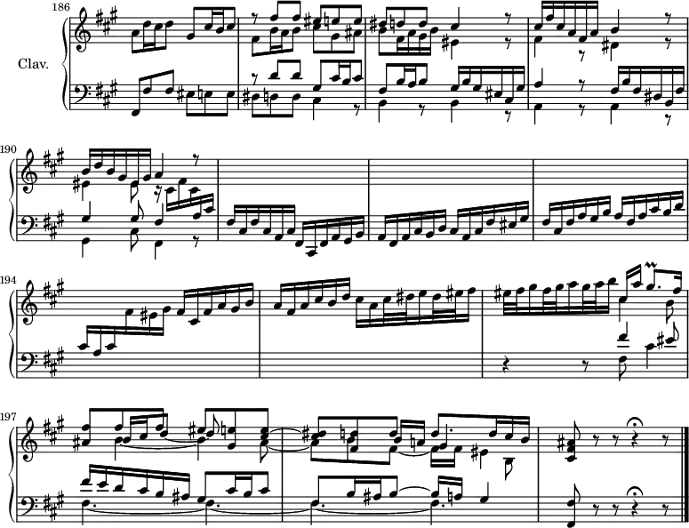 
\version "2.18.2"
\header {
  tagline=##f
}
trillGisqp   ={ \tag #'print { gis8.\prall } \tag #'midi { a32 gis a gis~ \tempo 4.=40 gis16 } }
upper=\relative c'' {
  \clef treble 
  \key fis \minor
  \time 6/8
  \tempo 4.=62
  \set Score.currentBarNumber=#186
  \omit Staff.TimeSignature
    \bar ""
   % ms. 186
   a8 d16 cis d8 gis,8 cis16 b cis8|
   << { r8 fis8 fis eis e e|dis d d cis4 r8|cis16 fis cis a fis a b4 r8|b16 d b gis eis gis a4 r8 } 
   \\ { fis8 b16 a b8 cis gis ais|b fis16 a gis b eis,4 r8|fis4 r8 dis4 r8|eis4 eis8 r16 cis16 fis cis  \stemUp  \change Staff="lower" a cis } >> \stemUp  \change Staff="lower"
   % ms. 191
   fis,16 cis fis cis a cis fis, cis fis a gis b|a fis a cis b d cis a cis fis eis gis|fis cis fis a gis b a fis a cis b d|
   % ms. 194
   cis a cis \stemNeutral   \change Staff="upper" fis eis gis fis cis fis a gis b|a fis a cis b d cis a cis32 dis e16 dis32 eis fis16|eis32 fis gis16 fis32 gis a16 gis32 a b16
   % ms. 196 suite
   << { cis,16[ a'] \trillGisqp fis16|\tempo 4.=62 < ais, fis' >8  fis' fis eis < gis, e' > < cis e >~ < cis dis > < fis, d' > d' d8. d16 cis b  } 
   \\ { s4. s8 \stemUp \shiftOn b16 cis d8~ d s8|s4. b16 a gis4  \stemDown   \tempo 4.=45 b,8  } 
   \\ { \stemDown cis'4 b8 s8 b4_~ b4 ais8_~|ais b fis_~ fis16 fis eis4 } >>|  \tempo 4.=20 < cis fis ais >8 r8 r8 r4\fermata r8
}
lower=\relative c {
  \clef bass
  \key fis \minor
  \time 6/8
  \omit Staff.TimeSignature
   % ms. 186
   fis,8 fis' fis eis e e|
   << { r8 d'8 d gis, cis16 b cis8|fis,8 b16 a b8 gis16 b gis eis cis gis'|a4 r8 fis16 b fis dis b fis'|gis4 gis8 fis4 } 
   \\ { dis8 d d cis4 r8|b4 r8 b4 r8|a4 r8 a4 r8|gis4 cis8 fis,4 r8  } >>
   % ms. 188
   % ms. 191
   s2.*5
   % ms. 196
   r4 r8 
   << { fis''4 eis8|fis16 e d cis b ais gis8 cis16 b cis8|fis,8 b16 ais b8~ b16 a gis4 } 
   \\ { \mergeDifferentlyDottedOn fis8 cis'4|fis,4.~ fis~ fis~ fis } >> < fis, fis' >8 r8 r8 r4\fermata r8 \bar "|." 
} 
thePianoStaff=\new PianoStaff <<
    \set PianoStaff.instrumentName=#"Clav."
    \new Staff="upper" \upper
    \new Staff="lower" \lower
  >>
\score {
  \keepWithTag #'print \thePianoStaff
  \layout {
      #(layout-set-staff-size 17)
    \context {
      \Score
     \override SpacingSpanner.common-shortest-duration=#(ly:make-moment 1/2)
      \remove "Metronome_mark_engraver"
    }
  }
}
\score {
  \keepWithTag #'midi \thePianoStaff
  \midi { \set Staff.midiInstrument=#"harpsichord" }
}
