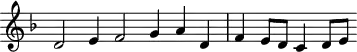 
\header {
  tagline = ##f
}
\score {
  \new Staff \with {
     \remove "Time_signature_engraver"
  }
<<
  \relative c' {
    \key f \major
    %\clef bass
    \time 4/2
    \override TupletBracket #'bracket-visibility = ##f 
     %%% f° 33v
     d2 e4 f2 g4 a d, f e8 d c4 d8 e
  }
>>
  \layout {
     \context { \Score \remove "Metronome_mark_engraver" }
  }
  \midi {}
}
