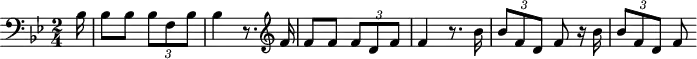 
\header {
  tagline = ##f
}
\score {
  \new Staff \with {
  }
<<
  \relative c'' {
    \clef treble
    \key bes \major
    \time 2/4
    \tempo 2 = 58
    \override TupletBracket #'bracket-visibility = ##f 
    %\autoBeamOff
    \set Staff.midiInstrument = #"French horn"
     %%%%%%%%%%%%%%%%%%%%%%%%%% AB 4-2 th1
     \partial 16 \clef bass bes,16 bes8 bes \times 2/3 { bes8 f bes } bes4 r8.
     \clef treble f'16 f8 f \times 2/3 { f8 d f } f4 r8.
     bes16 \times 2/3 { bes8 f d } f8 r16 bes16 \times 2/3 { bes8 f d } f
  }
>>
  \layout {
    \context { \Score \remove "Metronome_mark_engraver"
    }
  }
  \midi {}
}
