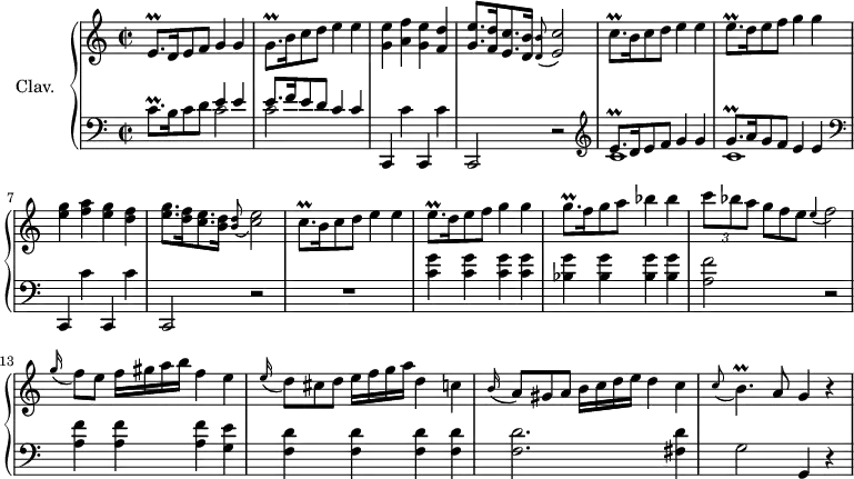 
\version "2.18.2"
\header {
  tagline = ##f
  % composer = "Domenico Scarlatti"
  % opus = "K. 270"
  % meter = "Allegro"
}
%% les petites notes
trillEqpUpUp     = { \tag #'print { e''8.\prall } \tag #'midi { f32 e f e~ e16 } }
trillEqpDown     = { \tag #'print { e,8.\prall } \tag #'midi { f32 e f e~ e16 } }
trillEqp         = { \tag #'print { e8.\prall } \tag #'midi { f32 e f e~ e16 } }
trillGqp         = { \tag #'print { g8.\prall } \tag #'midi { a32 g a g~ g16 } }
trillCqp         = { \tag #'print { c8.\prall } \tag #'midi { a32 g a g~ g16 } }
trillCqpUp       = { \tag #'print { c'8.\prall } \tag #'midi { a32 g a g~ g16 } }
trillBpAppo      = { \tag #'print { \appoggiatura c8 b4.\prall } \tag #'midi { c8 c32 b c b~ b8 } }
AppoFb           = { \tag #'print { \appoggiatura e4 f2 } \tag #'midi { e4   \tempo 2 = 40 f4   \tempo 2 = 72 } }
AppoECb          = { \tag #'print { \appoggiatura < d b' >8 < e c' >2 } \tag #'midi { < d b' >4   \tempo 2 = 40 < e c' >4   \tempo 2 = 72 } }
AppoCEb          = { \tag #'print { \appoggiatura < b d >8 < c e >2 } \tag #'midi { < b d >4   \tempo 2 = 40 < c e >4    \tempo 2 = 72 } }
upper = \relative c'' {
  \clef treble 
  \key c \major
  \time 2/2
  \tempo 2 = 72
  \set Staff.midiInstrument = #"harpsichord"
  \override TupletBracket.bracket-visibility = ##f
      %s8*0^\markup{Allegro}
      \trillEqpDown d16 e8 f g4 g | \trillGqp b16 c8 d e4 e | < g, e' >4 < a f' > < g e' > < f d' > | < g e' >8. < f d' >16 < e c' >8. < d b' >16 \AppoECb |
      % ms. 5
      \trillCqpUp b16 c8 d e4 e | \trillEqp d16 e8 f g4 g | < e g >4 < f a > < e g > < d f > | < e g >8. < d f >16 < c e >8. < b d >16 \AppoCEb |
      % ms. 9
      \trillCqp b16 c8 d e4 e | \trillEqp d16 e8 f g4 g | \trillGqp f16 g8 a bes4 bes | \times 2/3 { c8 bes a } \omit TupletNumber  \times 2/3 { g8[ f e] } \AppoFb |
      % ms. 13
      \appoggiatura g16 f8[ e] f16 gis a b f4 e | \appoggiatura e16 \times 2/3 { d8[ cis d] } e16 f g a d,4 c | \appoggiatura b16 \times 2/3 { a8[ gis a] } b16 c d e d4 c | \trillBpAppo a8 g4 r4 
      % ms. 17
      % ms. 22
}
lower = \relative c' {
  \clef bass
  \key c \major
  \time 2/2
  \set Staff.midiInstrument = #"harpsichord"
  \override TupletBracket.bracket-visibility = ##f
    % **************************************
      \trillCqp b16 c8 d << { e4 e | e8. f16 e8 d c4 c } \\ { c2 | c2 } >> | c,,4 c'' c,, c'' | c,,2 r2 | \clef treble  
      % ms. 5
      << { \trillEqpUpUp d16 e8 f g4 g | \trillGqp a16 g8 f e4 e } \\ { c1 | c1 } >> |  \clef bass c,,4 c'' c,, c'' | c,,2 r2
      % ms. 9
      R1 | < c''g' >4 q q q | < bes g' >4 q q q | < a f' >2 r2 |
      % ms. 13
      < a f' >4 q q < g e' > | < f d' >4 q q q | q2. < fis d' >4 | g2 g,4 r4 
      % ms. 17
      % ms. 22
}
thePianoStaff = \new PianoStaff <<
    \set PianoStaff.instrumentName = #"Clav."
    \new Staff = "upper" \upper
    \new Staff = "lower" \lower
  >>
\score {
  \keepWithTag #'print \thePianoStaff
  \layout {
      #(layout-set-staff-size 17)
    \context {
      \Score
     \override SpacingSpanner.common-shortest-duration = #(ly:make-moment 1/2)
      \remove "Metronome_mark_engraver"
    }
  }
}
\score {
  \keepWithTag #'midi \thePianoStaff
  \midi { }
}
