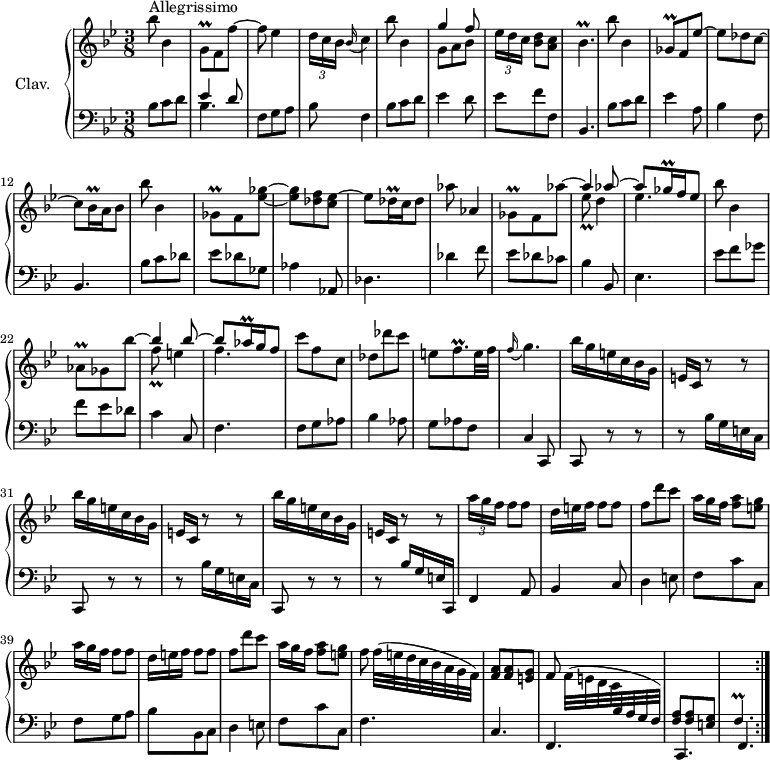 
\version "2.18.2"
\header {
  tagline = ##f
  % composer = "Domenico Scarlatti"
  % opus = "K. 361"
  % meter = "Allegrissimo"
}
%% les petites notes
trillGq       = { \tag #'print { g8\prall } \tag #'midi { a32 g a g } }
trillGesq     = { \tag #'print { ges8\prall } \tag #'midi { a32 ges a ges } }
trillBesqp    = { \tag #'print { bes4.\prall } \tag #'midi { c32 bes c bes~   \tempo 4. = 45 bes4   \tempo 4. = 66 } }
trillBesqq    = { \tag #'print { bes16\prall } \tag #'midi { \times 2/3 { bes32 c bes } } }
trillGesq     = { \tag #'print { ges8\prall } \tag #'midi { aes32 ges aes ges } }
trillDesqq    = { \tag #'print { des16\prall } \tag #'midi { \times 2/3 { des32 ees des } } }
trillEesq     = { \tag #'print { ees8\prall } \tag #'midi { f32 ees f ees } }
trillGesqq    = { \tag #'print { ges16\prall } \tag #'midi { \times 2/3 { ges32 aes ges } } }
trillGesaesq  = { \tag #'print { ges8\prall } \tag #'midi { aes32 ges aes ges } }
trillAesq     = { \tag #'print { aes8\prall } \tag #'midi { bes32 aes bes aes } }
trillAesqq    = { \tag #'print { aes16\prall } \tag #'midi { \times 2/3 { aes32 bes aes } } }
trillFq       = { \tag #'print { f8\prall } \tag #'midi { g32 f g f } }
trillFqp      = { \tag #'print { f8.\prall } \tag #'midi { g32 f g f~ f16 } }
trillFp       = { \tag #'print { f4.\prall } \tag #'midi { g32 f g f~ f4 } }
appoFGq       = { \tag #'print { \appoggiatura f16 g4. } \tag #'midi { f4 \tempo 4. = 40 g8 \tempo 4. = 66 } }
upper = \relative c'' {
  \clef treble 
  \key bes \major
  \time 3/8
  \tempo 4. = 66 %% Tempo de Ross, Koopman, Lester, et quasi pour Grante 
  \set Staff.midiInstrument = #"harpsichord"
  \override TupletBracket.bracket-visibility = ##f
  \repeat volta 2 {
      s8*0^\markup{Allegrissimo}
      bes'8 bes,4 | \trillGq f8 f'~ | f ees4 | \times 2/3 { d16 c bes } \appoggiatura bes16 c4 | bes'8 bes,4 | << { g'4 f8 } \\ { g,8 a bes } >>
      % ms. 7
      \times 2/3 { ees16[ d c] } < bes d >8 < a c > | \trillBesqp | bes'8 bes,4 | \trillGesq f8 ees'~ | ees des c~ | c \trillBesqq a16 bes8 | bes' bes,4 |
      % ms. 14
      \trillGesq f8 < ees' ges >~ | q < des f > < c ees >~ | ees8 \trillDesqq c16   \tempo 4. = 30 des8   \tempo 4. = 66 | aes' aes,4 | 
      << { \stemDown \trillGesaesq f8 aes'~ \stemUp | aes4 aes8~ | aes \trillGesqq f16 ees8 } 
      \\ { s4. | \trillEesq d4 | ees4. } >>
      % ms. 21
      bes'8 bes,4 |  << { \stemDown \trillAesq ges8 bes'~ \stemUp | bes4 bes8~ | bes \trillAesqq g16 f8 } \\ { s4. | \trillFq e4 | f4. } >>
      % ms. 25
      c'8 f, c | des des' c | e,8 \trillFqp e32 f | \appoFGq | \repeat unfold 3 { bes16 g e c bes g | e c r8 r8 } | 
      % ms. 35
      \repeat unfold 2 { \times 2/3 { a''16[ g f] } f8 f | \omit TupletNumber \times 2/3 { d16[ e f] } f8 f | f d' c | \times 2/3 { a16[ g f] } < f a >8 < e g > }
      % ms. 43
      f8 f32[( e d c bes a g f]) | < f a >8 q < e g > | f \stemDown f32[( e d c \stemUp  \change Staff = "lower" bes a g f]) | < f a >8 q < e g > | \trillFp }%repet
}
lower = \relative c' {
  \clef bass
  \key bes \major
  \time 3/8
  \set Staff.midiInstrument = #"harpsichord"
  \override TupletBracket.bracket-visibility = ##f
  \repeat volta 2 {
    % ************************************** \appoggiatura a16  \repeat unfold 2 {  } \times 2/3 { }   \omit TupletNumber 
      bes8 c d | << { ees4 d8 } \\ { bes4. } >> | f8 g a | bes f4 | bes8 c d | ees4 d8 |
      % ms. 7
      ees8 f f, | bes,4. | bes'8 c d | ees4 a,8 | bes4 f8 | bes,4. | bes'8 c des |
      % ms. 14
      ees8 des ges, | aes4 aes,8 | des4. | des'4 f8 | ees des ces | bes4 bes,8 |
      % ms. 20
      ees4. | ees'8 f ges | f ees des | c4 c,8 | f4. | f8 g aes |
      % ms. 26
      bes4 aes8 | g aes f | c4   \tempo 4. = 30 c,8   \tempo 4. = 66 | c r8 r8 | \repeat unfold 2 { r8 bes''16 g e c | c,8 r8 r8 }
      % ms. 34
      r8 bes''16 g e c, | f4 a8 | bes4 c8 | d4 e8 |
      % ms. 38
      f8 c' c, | f g a | bes bes, c | d4 e8 | f c' c, |  \shiftOnnn f4. |
      % ms. 44
      c4. | f, | c | f }%repet
}
thePianoStaff = \new PianoStaff <<
    \set PianoStaff.instrumentName = #"Clav."
    \new Staff = "upper" \upper
    \new Staff = "lower" \lower
  >>
\score {
  \keepWithTag #'print \thePianoStaff
  \layout {
      #(layout-set-staff-size 17)
    \context {
      \Score
     \override SpacingSpanner.common-shortest-duration = #(ly:make-moment 1/2)
      \remove "Metronome_mark_engraver"
    }
  }
}
\score {
  \unfoldRepeats
  \keepWithTag #'midi \thePianoStaff
  \midi { }
}
