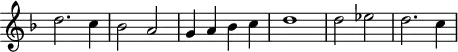 
\header {
  tagline = ##f
}
\score {
  \new Staff \with {
     \remove "Time_signature_engraver"
  }
<<
  \relative c'' {
    \key f \major
    %\clef bass
    \time 2/2
    \override TupletBracket #'bracket-visibility = ##f 
     %%% f° 54v
     d2. c4 bes2 a g4 a bes c d1 d2  ees d2. c4
  }
>>
  \layout {
     \context { \Score \remove "Metronome_mark_engraver" }
  }
  \midi {}
}
