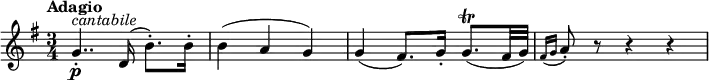 
\version "2.18.2"
\relative c'' {
  \key g \major
  \time 3/4
  \tempo "Adagio"
  \tempo 4 = 60
  g4..-. \p ^ \markup{ \italic cantabile} d16 ( b'8.-.) b16-.
  b4 (a g)
  g (fis8.) g16-. g8. \trill (fis32 g)
  \grace {fis16 (g} a8-.) r r4 r
}
