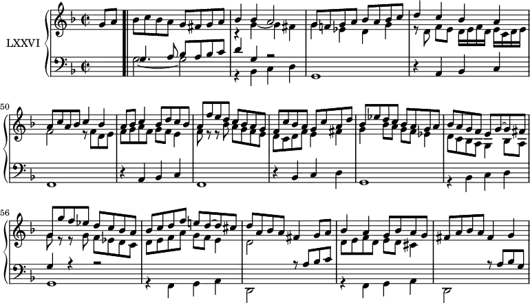 
\version "2.14.2"
\header {
  tagline = ##f
}
upper = \relative c'' {
  \clef treble 
  \key f \major
  \time 2/2
  \tempo 2 = 48
  %\autoBeamOff
  \set Staff.midiInstrument = #"harpsichord"
  \partial 4 g8 a \bar ".|"
  bes8 c bes a g fis g a 
  << { bes4 bes a2 } \\ { r4 g4~ g4 fis } >>
  << { g8 f! g a bes a bes c } \\ { g4 ees d g } >>
  << { d'4 c bes a } \\ { r8 d,8 f[ e] d16[ e f d] e[ c d e] } >>
  << { a8 c a bes c4 bes } \\ { f2 r8 f d e } >>
  << { a8 bes c4 bes8 d c bes } \\ { f8 g a f g f e4 } >>
  << { a8 f' e d c bes a g } \\ { f8 r8 r8 bes8 a g f e } >>
  %%% 8
  << { f8 c' bes a g c a d } \\ { d, c d f e4 fis } >>
  << { bes8 ees d c bes a g a } \\ { g4  bes8 a g f ees4 } >>
  << { bes'8 a g f e g~ g fis } \\ { d8 c bes a g4 bes8 a  } >>
  << { g'8 g' f ees d c bes a } \\ { g8 r8 r8 g8 f ees d c } >>
  %%% 12
  << { bes'8 c d f e! d~ d cis } \\ { d,8 e f a g f e4 } >>
  << { d'8 a bes a fis4 g8 a } \\ { d,2 } >>
  << { bes'4 a g8 bes a g } \\ { d8 e f d e d cis4 } >>
  fis8 a bes a fis4 g
}
lower = \relative c' {
  \clef bass
  \key f \major
  \time 2/2
  \set Score.currentBarNumber = #46
  \set Staff.midiInstrument = #"harpsichord"
   s4
   << { g4. a8 bes a bes c } \\ { g2~ g } >>
   << { d'4 g, r2 } \\ { r4 bes,4 c d g,1 } >>
   r4 a4 bes c f,1
   r4 a4 bes c f,1
   r4 bes4 c d g,1
   << { s1 g'4 r4 r2 } \\ { r4 bes,4 c d g,1 } >>
   << { s1 s2 r8 a'8 bes c } \\ { r4 f,,4 g a d,2 s2 } >>
   << { s1 s2 r8 a''8 bes g } \\ { r4 f,4 g a d,2 s2 } >>
} 
\score {
  \new PianoStaff <<
    \set PianoStaff.instrumentName = #"LXXVI"
    \new Staff = "upper" \upper
    \new Staff = "lower" \lower
  >>
  \layout {
    \context {
      \Score
      \remove "Metronome_mark_engraver"
    }
  }
  \midi { }
}
