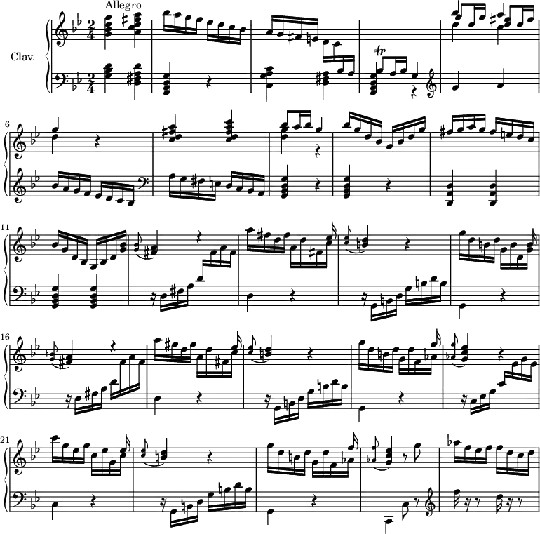 
\version "2.18.2"
\header { 
  tagline = ##f
  % composer = "Domenico Scarlatti"
  % opus = "K. 31"
  % meter = "Allegro"
}
%% les petites notes
trillBesq     = { \tag #'print { bes8\trill } \tag #'midi { c32 bes c bes } }
appoGCEes     = { \tag #'print { \appoggiatura < aes f' >8 < g c ees >4 } \tag #'midi { < aes f' >8 < g c ees >8 } }
appoBD        = { \tag #'print { \appoggiatura < c ees >8 < b d >4 } \tag #'midi { < c ees >8 < b d >8 } }
appoFisA      = { \tag #'print { \appoggiatura < g b >8 < fis a >4 } \tag #'midi { < g b >8 < fis a >8 } }
appoFisABes   = { \tag #'print { \appoggiatura < g bes >8 < fis a >4 } \tag #'midi { < g bes >8 < fis a >8 } }
upper = \relative c'' {
  \clef treble 
  \key g \minor
  \time 2/4
  \tempo 4 = 92
  \set Staff.midiInstrument = #"harpsichord"
  \override TupletBracket.bracket-visibility = ##f
      s8*0^\markup{Allegro}
      < g bes d g >4 < a c d fis a > bes'16 a g f ees d c bes | a g fis e d c \stemUp \change Staff = "lower" bes a | \trillBesq a16 bes g4 | \change Staff = "upper" << { bes''4 a | g } \\ { \shiftOn \stemUp  g8 d16 g < d fis >8 d16 fis } \\ { \stemDown d4 c | d } >> r4 |
      % ms. 7
      < c d fis a >4 < c d fis a c > | << { bes'8 a16 bes | g4 } \\ { < d g >4 r4 } >> | bes'16 g d bes g bes d g | fis g a g fis e d c |
      % ms. 11
      bes16 g d bes g bes d < g bes > | \appoFisABes e'4\rest | << { s4 s16 s8 ees16 } \\ { a16 fis d fis a,16 d fis, c' } >> | \appoBD r4  | << { s4 s16 s8 b16 } \\ { g'16 d b d g, b d, g } >>
      % ms. 16
      \appoFisA e'4\rest << { s4 s16 s8 ees16 } \\ { a16 fis d fis a,16 d fis, c' } >> | \appoBD r4  | << { s4 s16 s8 f'16 } \\ { g16 d b d g, d' f, aes } >> \appoGCEes r4
      % ms. 21
      << { s4 s16 s8 ees'16 } \\ { c'16 g ees g c, ees g, c } >> | \appoBD r4 | << { s4 s16 s8 f'16 } \\ { g16 d b d g, d' f, aes } >> \appoGCEes r8 \stemNeutral g'8 | aes16 f ees f f d c d |
}
lower = \relative c' {
  \clef bass
  \key g \minor
  \time 2/4
  \set Staff.midiInstrument = #"harpsichord"
  \override TupletBracket.bracket-visibility = ##f
    % ************************************** \appoggiatura a8  \repeat unfold 2 {  } \times 2/3 { }   \omit TupletNumber 
      < g bes d >4 < d fis a d > | < g, bes d g > r4 | < c g' a c >4 < d fis a > | < g, bes d g > r4 |   \clef treble g''4 a |
      % ms. 6
      bes16 a g f ees d c bes |   \clef bass a g fis e d c bes a | < g bes d g >4 r4 | q r4 | < d a' d >4 q |
      % ms. 11
      < g bes d g >4 q | \repeat unfold 2 { r16 d'16 fis a d \stemDown \change Staff = "upper" fis a fis | \change Staff = "lower" d,4 r4 | r16 g,16 b d g b d b | g,4 r4 } |
      % ms. 16
      r16 c16 ees g \stemUp c \stemDown \change Staff = "upper" ees g ees | \change Staff = "lower" 
      % ms. 21
      c,4 r4 | r16 g16 b d g b d b | g,4 r4 | c,4 c'8 r8 |   \clef treble  f''16 r16 r8  d16 r16 r8 |
}
thePianoStaff = \new PianoStaff <<
    \set PianoStaff.instrumentName = #"Clav."
    \new Staff = "upper" \upper
    \new Staff = "lower" \lower
  >>
\score {
  \keepWithTag #'print \thePianoStaff
  \layout {
      #(layout-set-staff-size 17)
    \context {
      \Score
     \override SpacingSpanner.common-shortest-duration = #(ly:make-moment 1/2)
      \remove "Metronome_mark_engraver"
    }
  }
}
\score {
  \keepWithTag #'midi \thePianoStaff
  \midi { }
}
