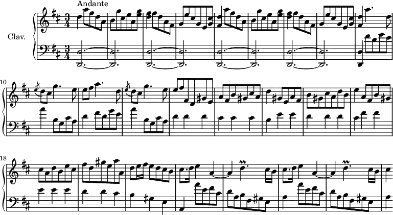 
\version "2.18.2"
\header {
  tagline = ##f
  % composer = "Domenico Scarlatti"
  % opus = "K. 281"
  % meter = "Allegro"
}
%% les petites notes
trillDp     = { \tag #'print { d4.\prall } \tag #'midi { e32 d e d~ d4 } }
upper = \relative c'' {
  \clef treble 
  \key d \major
  \time 3/4
  \tempo 4 = 106
  \set Staff.midiInstrument = #"harpsichord"
  \override TupletBracket.bracket-visibility = ##f
      s8*0^\markup{Andante}
      d4 \repeat unfold 2 { a'8 fis d a | b g' cis, e a, < e' g > | < d fis >4 fis8 d a fis | g e' cis g e < g cis >
      % ms. 5
      < fis d' >4 } a'4. d,8 
      % ms. 10
      \acciaccatura e8 d8 cis g'4. e8 | e8 fis a4. d,8 | \acciaccatura e8 d8 cis g'4. e8 | e8 fis fis, d gis e | a fis b gis cis a |
      % ms. 15
      d4 gis,8 e a fis | b gis cis a d b | e4 a,8 fis b gis | cis a d b e cis | fis d gis e a a, |
      % ms. 20
      d8 e16 fis e8 d cis b | \repeat unfold 2 { cis8. d16 e4 a,4~ | a4 \trillDp cis16 b } |
      % ms. 25
      cis4
}
lower = \relative c' {
  \clef bass
  \key d \major
  \time 3/4
  \set Staff.midiInstrument = #"harpsichord"
  \override TupletBracket.bracket-visibility = ##f
    % ************************************** \appoggiatura a16  \repeat unfold 2 {  } \times 2/3 { }   \omit TupletNumber 
      \repeat unfold 4 { < d,, d' >2.~ q  } | q4 \repeat unfold 2  { fis''8 d g e |
      % ms. 10
      a4 b,8 g cis a | d4 } d d  | cis cis cis |
      % ms. 15
      b4 e e | d d d | cis fis fis | e e e | d d cis |
      % ms. 20
      b4 gis e | a, \repeat unfold 2 { a''8 e fis cis | d a b fis gis e |
      % ms. 25
      a4 }
}
thePianoStaff = \new PianoStaff <<
    \set PianoStaff.instrumentName = #"Clav."
    \new Staff = "upper" \upper
    \new Staff = "lower" \lower
  >>
\score {
  \keepWithTag #'print \thePianoStaff
  \layout {
      #(layout-set-staff-size 17)
    \context {
      \Score
     \override SpacingSpanner.common-shortest-duration = #(ly:make-moment 1/2)
      \remove "Metronome_mark_engraver"
    }
  }
}
\score {
  \keepWithTag #'midi \thePianoStaff
  \midi { }
}
