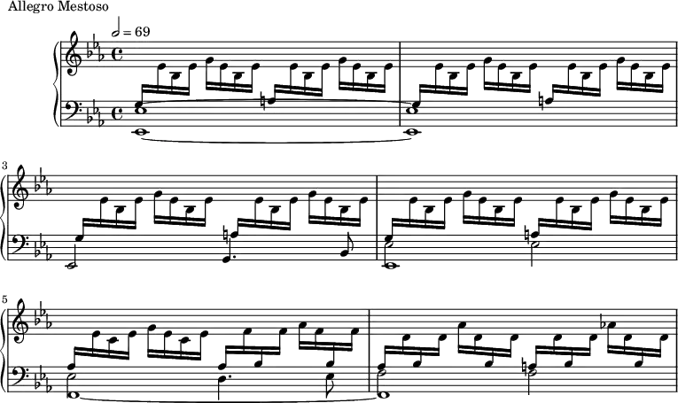 
\version "2.18.2"
\header {
  tagline = ##f
}
upper = \relative c'' {
  \clef treble 
  \key ees \major
  \time 4/4
  \tempo 2 = 69
  %\autoBeamOff
   %%Montgeroult — Étude 62 (pdf p. 198)
   % manque la dynamique impossible à mettre dans la boucle de répétition
  \repeat unfold 4 { \stemUp \change Staff = "lower" g,16 \stemDown \change Staff = "upper" ees' bes ees  g ees bes ees \stemUp \change Staff = "lower" a,16 \stemDown \change Staff = "upper" ees' bes ees  g ees bes ees } 
    \stemUp \change Staff = "lower" aes,16 \stemDown \change Staff = "upper" ees' c ees g ees c ees  \stemUp \change Staff = "lower" aes, \stemDown \change Staff = "upper" f' \stemUp \change Staff = "lower" bes, \stemDown \change Staff = "upper" f' aes f \stemUp \change Staff = "lower"  bes, \stemDown \change Staff = "upper" f'
   \stemUp \change Staff = "lower" aes,16 \stemDown \change Staff = "upper" d \stemUp \change Staff = "lower"  bes \stemDown \change Staff = "upper" d aes' d, \stemUp \change Staff = "lower" bes \stemDown \change Staff = "upper" d
   \stemUp \change Staff = "lower" a!16 \stemDown \change Staff = "upper" d \stemUp \change Staff = "lower"  bes \stemDown \change Staff = "upper" d aes'! d, \stemUp \change Staff = "lower" bes \stemDown \change Staff = "upper" d 
   \change Staff = "lower"
}
lower = \relative c {
  \clef bass
  \key ees \major
  \time 4/4
   < ees ees,>1~ q ees,2 g4. bes8
   << { \stemDown ees2 ees ees d4. ees8 f2 f \stemNeutral } \\ { ees,1 f~ f } >>
}
  \header {
    piece = "Allegro Mestoso"
  }
\score {
  \new PianoStaff <<
    \new Staff = "upper" \upper
    \new Staff = "lower" \lower
  >>
  \layout {
    \context {
      \Score
    }
  }
  \midi { }
}
