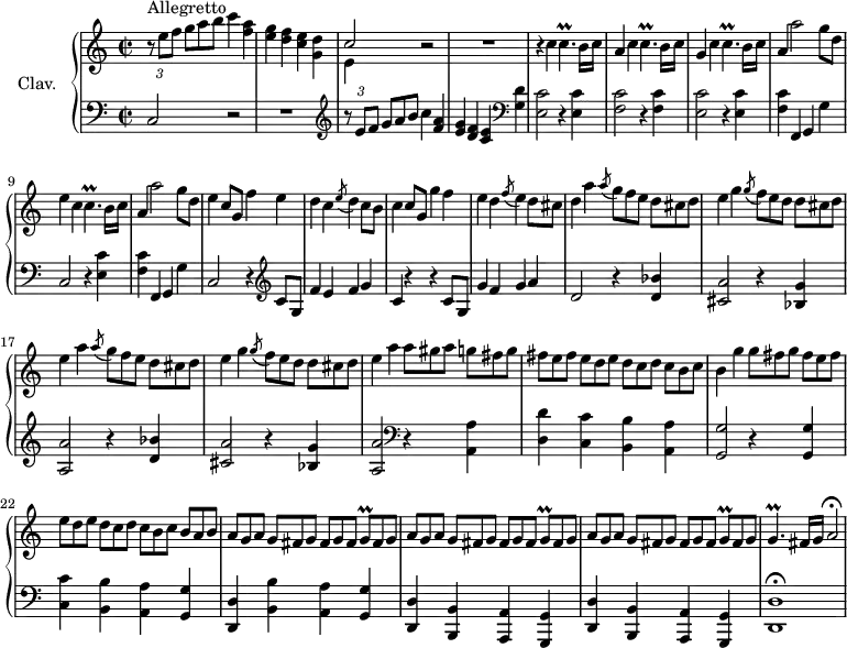 
\version "2.18.2"
\header {
  tagline = ##f
  % composer = "Domenico Scarlatti"
  % opus = "K. 501"
  % meter = "Allegretto"
}
%% les petites notes
trillGq     = { \tag #'print { g8\prall[ } \tag #'midi { a32 g a g } }
trillCp     = { \tag #'print { c4.\prall } \tag #'midi { \times 2/3 { d16 c d c d c~ } c8 } }
trillGp     = { \tag #'print { g4.\prall } \tag #'midi { \times 2/3 { a16 g a g a g~ } g8 } }
upper = \relative c'' {
  \clef treble 
  \key c \major
  \time 2/2
  \tempo 2 = 62
  \set Staff.midiInstrument = #"harpsichord"
  \override TupletBracket.bracket-visibility = ##f
      s8*0^\markup{Allegretto}
      \times 2/3 { r8 e8[ f] }   \omit TupletNumber \times 2/3 { g8[ a b] } c4 < f, a > | < e g > < d f > < c e > < g d' > << { c2 } \\ { e,4 } >> r2 | R1
      % ms. 5
      r4 c'4 \trillCp b16 c | a4 c4 \trillCp b16 c | g4 c4 \trillCp b16 c | a4 a'2 g8 d | e4 c4 \trillCp b16 c |
      % ms. 10
      a4 a'2 g8 d | e4 c8 g f'4 e | d c \acciaccatura e8 d4 c8 b | c4 c8 g g'4 f | e d \acciaccatura f8 e4 d8 cis |
      % ms. 15
      d4 a' \acciaccatura a8 \times 2/3 { g8[ f e] }  \times 2/3 { d8[ cis d] } | e4 g \acciaccatura g8 \times 2/3 { f8[ e d] } \times 2/3 { d8[ cis d] } |  e4 a \acciaccatura a8 \times 2/3 { g8[ f e] }  \times 2/3 { d8[ cis d] } | e4 g \acciaccatura g8 \times 2/3 { f8[ e d] } \times 2/3 { d8[ cis d] } |
      % ms. 19
      e4 a \times 2/3 { a8[ gis a] } \times 2/3 { g8[ fis g] } | \times 2/3 { fis8[ e fis] } \times 2/3 { e8[ d e] } \times 2/3 { d8[ c d] } \times 2/3 { c8[ b c] } | b4 g' \times 2/3 { g8[ fis g] } | \times 2/3 { fis8[ e fis] } \times 2/3 { e8[ d e] } \times 2/3 { d8[ c d] } \times 2/3 { c8[ b c] } \times 2/3 { b8[ a b] } |
      % ms. 23
      \repeat unfold 3 { \times 2/3 { a8[ g a] } \times 2/3 { g8[ fis g] } \times 2/3 { fis8[ g fis] } \times 2/3 { \trillGq fis g] } } | \trillGp fis16 g a2\fermata
}
lower = \relative c' {
  \clef bass
  \key c \major
  \time 2/2
  \set Staff.midiInstrument = #"harpsichord"
  \override TupletBracket.bracket-visibility = ##f
    % ************************************** \appoggiatura \repeat unfold 2 {  } \times 2/3 { }
      c,2 r2 | R1 |   \clef treble \times 2/3 { r8 e'8[ f] }   \omit TupletNumber \times 2/3 { g8[ a b] } c4 < f, a > | < e g > < d f > < c e >   \clef bass < g d' >
      % ms. 5
      < e c' >2 r4 q4 | < f c' >2 r4 q4 | < e c' >2 \repeat unfold 2 { r4 < e c' >4 | < f c' >4 f,4 g g' | c,2 } r4   \clef treble  
      % ms. 11
      c'8 g f'4 e f g | c, r4 r4 c8 g g'4 f g a |
      % ms. 15
      d,2 \repeat unfold 2 { r4 < d bes' >4 | < cis a' >2 r4  < bes g' >4 < a a' >2 } |   \clef bass
      % ms. 19 suite
      r4 < a, a' >4 | < d d' > < c c' > < b b' > < a a' > | < g g' >2 r4 < g g' >4 | < c c' > < b b' > < a a' > < g g' > |
      % ms. 23
      < d d' >4 < b' b' > < a a' > < g g' > | \repeat unfold 2 { < d d' > < b b' > < a a' > < g g' > } | < d' d' >1\fermata
}
thePianoStaff = \new PianoStaff <<
    \set PianoStaff.instrumentName = #"Clav."
    \new Staff = "upper" \upper
    \new Staff = "lower" \lower
  >>
\score {
  \keepWithTag #'print \thePianoStaff
  \layout {
      #(layout-set-staff-size 17)
    \context {
      \Score
     \override SpacingSpanner.common-shortest-duration = #(ly:make-moment 1/2)
      \remove "Metronome_mark_engraver"
    }
  }
}
\score {
  \keepWithTag #'midi \thePianoStaff
  \midi { }
}
