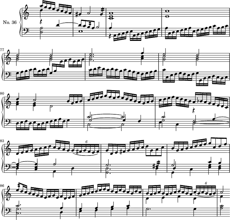 
\version "2.18.2"
\header {
  tagline = ##f
}
%% les petites notes
Mordgis     = { \tag #'print { gis4:16 } \tag #'midi { \times 2/3 { a16 gis a } gis8  }  }
Mordfisq    = { \tag #'print { fis4:16 } \tag #'midi { \times 2/3 { g16 fis g } fis8 }  }
Mordbh    = { \tag #'print { b8:32 } \tag #'midi { \times 2/3 { c32 b c } b16 }  }
Mordeh    = { \tag #'print { e8:32 } \tag #'midi { \times 2/3 { f32 e f } e16 }  }
upper = \relative c'' {
  \clef treble 
  \key c \major
  \time 4/4
  \tempo 2 = 60
  \hide Staff.TimeSignature
  \set Staff.midiInstrument = #"harpsichord"
  \override TupletBracket #'bracket-visibility = ##f
  \set Score.currentBarNumber = #74
   \partial 2 
   << { a'16 g f e d c b a | gis4 a2 \Mordgis | < a e c >1 < c e, > } \\ { d4 s4 } >>
   % mes. 77
   << { d2 d e2. f4 | e2 d d4 | c2 \tempo 2 = 50 b16 g a b | c d e f  \tempo 2 = 60 g f e f \tempo 2 = 68 e d c b  a g a b } \\ { < b g >2 q | < c g >2. < c a >4 | < c g >2 < b g > | < a f >4 < g e > d2 } >>
   % mes. 82
   c'16 d e f  e d c b  a bes a g  f e d c | d e f g  a b c d  c b a g \tempo 2 = 56 \times 4/6 { g16( fis g fis e fis) } 
   % mes. 84
   \tempo 2 = 60 g16 d \tempo 2 = 68 e fis g a b c \tempo 2 = 60 d8 g, a c | 
   % mes. 85
   \stemUp b16 g \tempo 2 = 68 a b  c d e f \tempo 2 = 60 g8 c, d f  | \Mordeh d16 c \tempo 2 = 68 b a g f e f g e f d e f  | g a b c  d e f e  d c e d  c b d c 
   % mes. 88
    b16 a b c  b a b c \tempo 2 = 60  d c b a  \tempo 2 = 56 \times 4/6 { c16( b c b a b) } \tempo 2 = 60 c2
}
lower = \relative c' {
  \clef bass
  \key c \major
  \time 4/4
  \hide Staff.TimeSignature
  \set Staff.midiInstrument = #"harpsichord"
    % ****************
   << { r4 d4~ | d8 c \Mordbh a8 b2 | a4 } \\ { < a d, >2 e1 | r4 \tempo 2 = 50 a,16 b c d e a, b \tempo 2 = 60 c d e f g } >>
   a16 c, d e f g a e f g a b c a b c | g a b c  d b c d \stemUp g, b \stemDown \change Staff = "upper" e16 f g e f g |
   \stemDown \change Staff = "lower" c,16 d e d c d c b c b a g f g a b |
   c16 c, e f  g f e f  g g, b c  d c b c | d e f d  e c d e f g a f g4
   << { c2~ c c r4 a4~ a~ a a2 } \\ { c,2~ c g' \stemUp f2~ f4 < e c >4 \stemDown a,4 d } \\ { g2~ g4 f \stemDown e c d2~ d4 } >>
   % mes. 84
   << { g2. \Mordfisq } \\ { < d g, >2. d4 } >>
   % mes. 85
   << { g2 c4 b c2. a4 g4 a b c \stemDown \change Staff = "upper" d4 e f d f } \\ { g,,4 c4 < g' e >4 < f d > | < g c, >2. d4 e f g a g2. g4 < c a >2 } \\ { d,4 } >>
} 
thePianoStaff = \new PianoStaff <<
    \set PianoStaff.instrumentName = #"No. 36"
    \new Staff = "upper" \upper
    \new Staff = "lower" \lower
  >>
\score {
  \keepWithTag #'print \thePianoStaff
  \layout { 
    \context {
      \Score
      \remove "Metronome_mark_engraver"
      \override SpacingSpanner.common-shortest-duration = #(ly:make-moment 1/2)
    }
  }
}
\score {
  \keepWithTag #'midi \thePianoStaff
  \midi { }
}
