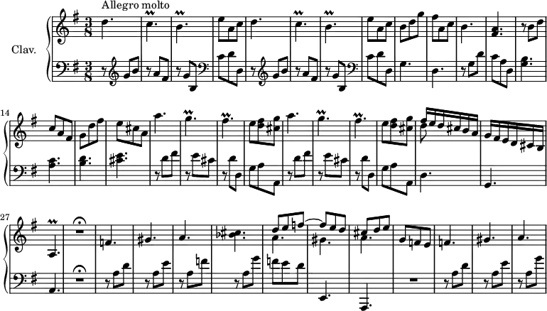 
\version "2.18.2"
\header {
  tagline = ##f
}
%% les petites notes
trillC     = { \tag #'print { c4.\prall } \tag #'midi { d32 c d c~ c4 } }
trillB     = { \tag #'print { b4.\prall } \tag #'midi { c32 b c b~ b4 } }
trillA     = { \tag #'print { a4.\prall } \tag #'midi { b32 a b a~ a4 } }
trillG     = { \tag #'print { g4.\prall } \tag #'midi { a32 g a g~ g4 } }
trillFis   = { \tag #'print { fis4.\prall } \tag #'midi { g32 fis g fis~ fis4 } }
upper = \relative c'' {
  \clef treble 
  \key g \major
  \time 3/8
  \tempo 4. = 102
  \set Staff.midiInstrument = #"harpsichord"
      s8*0^\markup{Allegro molto}
      d4. | \trillC | \trillB | e8 a, c | d4. | \trillC |
      % ms. 7
       \trillB | e8 a, c | b d g | fis a, c | b4. | < fis a > | r8 b8 d |
      % ms. 14
      c8 a fis | g d' fis | e cis a | \repeat unfold 2 { a'4. | \trillG | \trillFis | e8 < d fis > < cis g' > }
      % ms. 25
      << { fis16 e d cis b a | g fis e d cis b | \trillA } \\ { d'8 } >> | R4.\fermata
      % ms. 29
      f,4. gis a < bes cis > << { d8 e f~ | f e d | cis d e } \\ { a,4. | gis  a } >>
      % ms. 34
      g8 f e  | f4. gis | a
}
lower = \relative c' {
  \clef bass
  \key g \major
  \time 3/8
  \set Staff.midiInstrument = #"harpsichord"
    % **************************************
      \repeat unfold 2 { r8   \clef treble g'8 b | r8 a8 fis | r8 g8 b, |   \clef bass c d d, } |
      % ms. 9
      g4. | d | r8 g8 d' | c a d, | < g b >4.
      % ms. 14
      < a c >4. < b d > < cis e > | \repeat unfold 2 { r8 d8 fis  | r8 e8 cis |  r8 d d, | g a a, } | 
      % ms. 25
      d4. g, 
      % ms. 27
      a4. | R4.\fermata | r8 a'8 d | r8 a e' | r8 a, f' | r8 a, g' | f e d |
      % ms. 34
      e,,4. a, | R4. | r8 a''8 d | r8 a e' |  r8 a, g' | % A poursuivre jusqu'à la reprise
}
thePianoStaff = \new PianoStaff <<
    \set PianoStaff.instrumentName = #"Clav."
    \new Staff = "upper" \upper
    \new Staff = "lower" \lower
  >>
\score {
  \keepWithTag #'print \thePianoStaff
  \layout {
      #(layout-set-staff-size 17)
    \context {
      \Score
     \override SpacingSpanner.common-shortest-duration = #(ly:make-moment 1/2)
      \remove "Metronome_mark_engraver"
    }
  }
}
\score {
  \keepWithTag #'midi \thePianoStaff
  \midi { }
}
