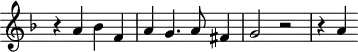 
\header {
  tagline = ##f
}
\score {
  \new Staff \with {
     \remove "Time_signature_engraver"
  }
<<
  \relative c'' {
    \key f \major
    %\clef bass
    \time 4/4
    \override TupletBracket #'bracket-visibility = ##f 
     %%% f° 35
     r4 a4 bes f a g4. a8 fis4 g2 r2 r4 a4
  }
>>
  \layout {
     \context { \Score \remove "Metronome_mark_engraver" }
  }
  \midi {}
}
