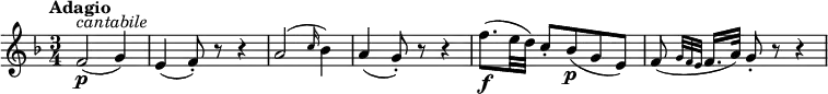 
\version "2.18.2"
\relative c'' {
  \key f \major
  \time 3/4
  \tempo "Adagio "
  \tempo 4 = 50
  f,2  \p ^ \markup{\italic cantabile } (g4)
  e4 (f8-.) r r4
  a2 (\grace c16 (bes4)) 
  a4 (g8-.) r r4
  f'8. \f (e32 d) c8-. bes \p (g e)
  f (\grace {g32 f e} f16. a32) g8-. r r4
}
