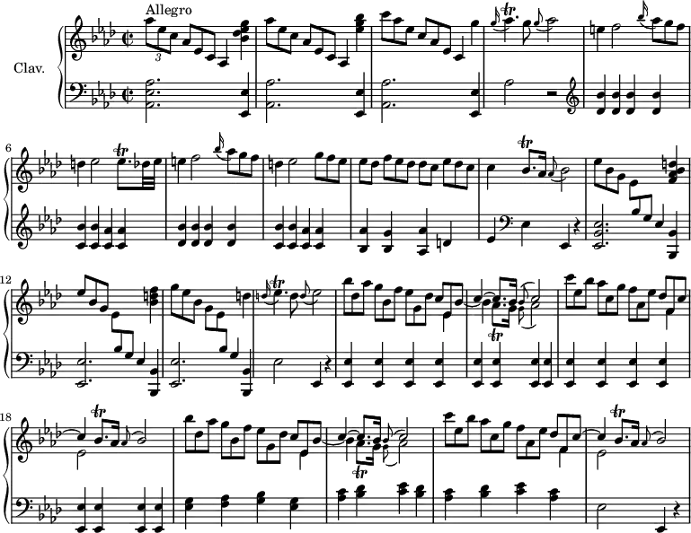 
\version "2.18.2"
\header {
  tagline = ##f
  % composer = "Domenico Scarlatti"
  % opus = "K. 127"
  % meter = "Allegro"
}
%% les petites notes
trillAesp     = { \tag #'print { aes4.\trill } \tag #'midi { bes32 aes bes aes~ aes4 } }
trillBesqp    = { \tag #'print { bes8.\trill } \tag #'midi { c32 bes c bes~ bes16 } }
trillEesqp    = { \tag #'print { ees8.\trill } \tag #'midi { f32 ees f ees~ ees16 } }
trillEesp     = { \tag #'print { ees4.\trill } \tag #'midi { f32 ees f ees~ ees4 } }
appoAesp      = { \tag #'print { $(remove-grace-property 'Voice 'Slur 'direction)
    \slurDown \appoggiatura g8 aes2 } \tag #'midi { g4 \tempo 2 = 40 aes4 \tempo 2 = 70 } }
appoEesp      = { \tag #'print { \appoggiatura d8 ees2 } \tag #'midi { d4 \tempo 2 = 40 ees4 \tempo 2 = 70 } }
appoBesp      = { \tag #'print { \appoggiatura aes8 \stemUp bes2 } \tag #'midi { aes4   \tempo 2 = 40 bes4   \tempo 2 = 70 } }
trillAesqp    = { \tag #'print { aes8._\trill } \tag #'midi { bes32 aes bes aes~ aes16 } }
upper = \relative c'' {
  \clef treble 
  \key aes \major
  \time 2/2
  \tempo 2 = 70
  \set Staff.midiInstrument = #"harpsichord"
  \override TupletBracket.bracket-visibility = ##f
      s8*0^\markup{Allegro}
      \times 2/3 { aes'8 ees c }   \omit TupletNumber \times 2/3 { aes8[ ees c] } aes4 < bes' des ees g >4 | \times 2/3 { aes'8 ees c } \times 2/3 { aes8[ ees c] } aes4 < ees'' g  bes > | \times 2/3 { c'8 aes ees } \times 2/3 { c8[ aes ees] } c4 g'' | \appoggiatura g16 \trillAesp g8 \appoAesp |
      % ms. 5
      e4 f2 \appoggiatura bes16 \times 2/3 { aes8 g f } | d4 ees2 \trillEesqp des32 ees | e4 f2 \appoggiatura bes16 \times 2/3 { aes8 g f } | d4 ees2 \times 2/3 { g8 f ees } | ees8 des \times 2/3 { f8[ ees des] } des8 c \times 2/3 { ees8[ des c] }
      % ms. 10
      c4 \trillBesqp aes16 \appoggiatura aes8 bes2 | \times 2/3 { ees8[ bes g] } \times 2/3 { \stemDown ees8 \stemUp \change Staff = "lower"   bes g } ees4 \change Staff = "upper"  < f' aes bes d >4 |
      % ms. 12
      \times 2/3 { ees'8[ bes g] } \times 2/3 { \stemDown ees8 \stemUp \change Staff = "lower" bes g } ees4 \stemNeutral \change Staff = "upper"  < bes'' d f > | \times 2/3 { g'8[ ees bes] } \times 2/3 { \stemDown g8 ees \stemUp \change Staff = "lower"  bes } g4 \stemNeutral \change Staff = "upper" d''4 | \appoggiatura d16 \trillEesp d8 \appoEesp |
      % ms. 15
      \repeat unfold 2 { \times 2/3 { bes'8 des, aes' } \times 2/3 { g8[ bes, f'] } \times 2/3 { ees8 g, des' } 
      << {  s4 c4~ c8. bes16 \appoggiatura bes8 c2 } 
        \\ { \stemUp  \omit TupletNumber \times 2/3 { c8 ees, bes'~ } | \stemDown \shiftOn bes4 } 
        \\ { \stemDown \omit TupletNumber \times 2/3 { s8 ees,4 } s4 \trillAesqp g16 \appoAesp } >> | 
      \times 2/3 { c'8 ees, bes' } \times 2/3 { aes8[ c, g'] }  \times 2/3 { f8 aes, ees' } 
       << { \omit TupletNumber \times 2/3 { des8 f, c'~ } | c4 \autoBeamOn \trillBesqp aes16 \appoBesp } 
       \\ { \omit TupletNumber \times 2/3 { s8 f4 } | ees2 } >>
      }%repet
      % ms. 19
      % ms. 23 
}
lower = \relative c' {
  \clef bass
  \key aes \major
  \time 2/2
  \set Staff.midiInstrument = #"harpsichord"
  \override TupletBracket.bracket-visibility = ##f
    % ************************************** \appoggiatura a16  \repeat unfold 2 {  } \times 2/3 { }   \omit TupletNumber 
      < aes, ees' aes  >2. < ees ees' >4 | \repeat unfold 2 { < aes aes' >2. < ees ees' >4 } aes'2 r2 |  \clef treble 
      % ms. 5
      \repeat unfold 2 { < des bes' >4 q q q | < c bes' > q < c aes' > q } | < bes aes' >4 < bes g' > < aes aes' > d4 |
      % ms. 10
      ees4   \clef bass ees, ees, r4 | < ees bes' ees >2. < bes bes' >4 | \repeat unfold 2 { < ees ees' >2. < bes bes' >4 } ees'2 ees,4 r4 |
      % ms. 15
      \repeat unfold 16 { < ees ees' >4 }
      % ms. 19
      < ees' g >4 < f aes > < g bes > < ees g > | < aes c > < bes des > < c ees > < bes des > | < aes c > < bes des > < c ees > < aes c > ees2 ees,4 r4 | 
      % ms. 23
}
thePianoStaff = \new PianoStaff <<
    \set PianoStaff.instrumentName = #"Clav."
    \new Staff = "upper" \upper
    \new Staff = "lower" \lower
  >>
\score {
  \keepWithTag #'print \thePianoStaff
  \layout {
      #(layout-set-staff-size 17)
    \context {
      \Score
     \override SpacingSpanner.common-shortest-duration = #(ly:make-moment 1/2)
      \remove "Metronome_mark_engraver"
    }
  }
}
\score {
  \keepWithTag #'midi \thePianoStaff
  \midi { }
}
