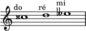 
    \relative c'' {
      \time 3/1
      \override Staff.TimeSignature #'stencil = ##f
      cisis1^\markup { \center-align "do 𝄪" }
      d^\markup { \center-align "ré" }
      eeses^\markup { \center-align "mi 𝄫" }
    }
  