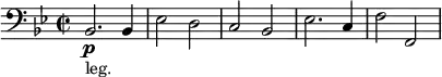  
\relative c { \set Staff.midiInstrument = #"cello" \clef bass \time 2/2 \key bes \major
bes2.\p(_"leg.") bes4 | ees2 d2    c2 bes2 | ees2. c4 | f2 f,2 ||
}
