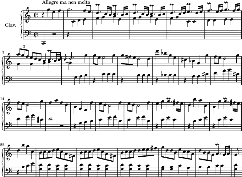 
\version "2.18.2"
\header {
  tagline = ##f
  % composer = "Domenico Scarlatti"
  % opus = "K. 166"
  % meter = "Allegro"
}
%% les petites notes
trillCp       = { \tag #'print { c4.\prall } \tag #'midi { d16 c d c d c } }
trillDp       = { \tag #'print { d4.\prall } \tag #'midi { e16 d e d e d } }
trillFp       = { \tag #'print { f4.\prall } \tag #'midi { g16 f g f g f } }
trillEp       = { \tag #'print { e4.\prall } \tag #'midi { f16 e f e f e } }
trillGp       = { \tag #'print { g4.\prall } \tag #'midi { a16 g a g a g } }
trillCqp      = { \tag #'print { c8.\prall } \tag #'midi { c16 d c } }
trillAp       = { \tag #'print { a4.\prall } \tag #'midi { b16 a b a b a } }
upper = \relative c'' {
  \clef treble 
  \key c \major
  \time 2/2
  \tempo 2 = 88
  \set Staff.midiInstrument = #"harpsichord"
      s8*0^\markup{Allegro ma non molto}
      r4 g'4 e f | g2. \stemUp f8 e | \repeat unfold 2 { \trillDp c16 b \trillCp b16 c } | \trillDp c16 d \trillEp d16 e |
      % ms. 6
      \trillFp e16 f \trillGp f16 g | \times 2/3 { a8 g f } \omit TupletNumber \times 2/3 { e8[ d c] } b4 \trillCqp b32 c | \appoggiatura c8 d2. \stemNeutral   g4 g8 | e e2 g4  | \times 2/3 { g8 fis e } d2 d4 |
      % ms. 11
      d'4 bes g e | cis bes g g' | \repeat unfold 2 { f8 e d2 g4 } | f4 a f d |
      % ms. 16
      b4 g f f' | \repeat unfold 2 { e8 d c2 f4 } | e4 g \trillGp fis16 e | d4 b' a c, |
      % ms. 21
      b4 g' \trillGp fis16 e | d4 b' a c,| \repeat unfold 2 { b8 c c d e c a fis } | b8 c c d d e e fis |
      % ms. 26
      g8 d d b e c c a | d b b g \trillAp g16 a | g8
}
lower = \relative c' {
  \clef bass
  \key c \major
  \time 2/2
  \set Staff.midiInstrument = #"harpsichord"
    % ************************************** \appoggiatura a16  \repeat unfold 2 {  } \times 2/3 { }   \omit TupletNumber 
      c,,2 r2 | r4 \stemDown \change Staff = "upper"  c''4 d e | \repeat unfold 2 { f4 g a e } | f g c, c |
      % ms. 6
      d4 d e e | f f g a | g \stemNeutral \change Staff = "lower" g, a b | r4 c c c |r4 b b b |
      % ms. 11
      r4 bes4 bes bes | r4 a a cis | \repeat unfold 2 { d f g cis, } | d2 r2 |
      % ms. 16
      r4 g,4 a b | \repeat unfold 2 { c e f b, } | \repeat unfold 2 { r4 c e c | r4 b c e } |
      % ms. 23
      \repeat unfold 3 { < g, d' >4 q < g c > q } | 
      % ms. 31
      < g b >4 q c a | b b c c | < g d' >
}
thePianoStaff = \new PianoStaff <<
    \set PianoStaff.instrumentName = #"Clav."
    \new Staff = "upper" \upper
    \new Staff = "lower" \lower
  >>
\score {
  \keepWithTag #'print \thePianoStaff
  \layout {
      #(layout-set-staff-size 17)
    \context {
      \Score
     \override TupletBracket.bracket-visibility = ##f
     \override SpacingSpanner.common-shortest-duration = #(ly:make-moment 1/2)
      \remove "Metronome_mark_engraver"
    }
  }
}
\score {
  \keepWithTag #'midi \thePianoStaff
  \midi { }
}
