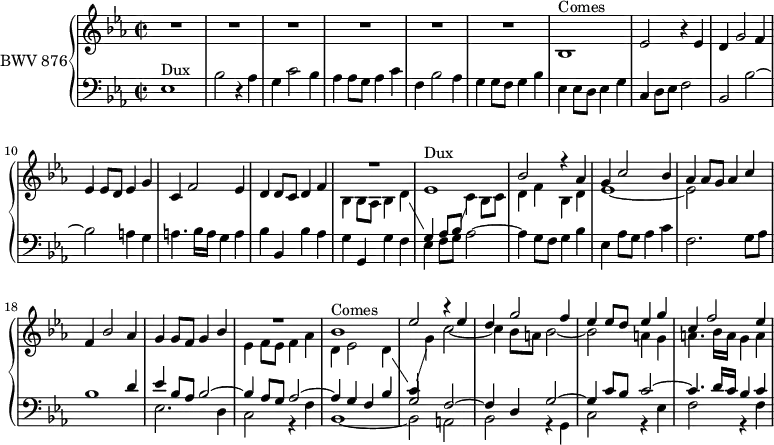 
\version "2.18.2"
\header {
  tagline = ##f
}
Dux   = { ees1^\markup{Dux} bes'2 r4 aes4 | g c2 bes4 aes aes8 g aes4 c f, bes2 aes4 }
Comes = { bes1^\markup{Comes} ees2 r4 ees4 | d g2 f4 ees ees8 d ees4 g c, f2 ees4 }
upper = \relative c' {
  \clef treble 
  \key ees \major
  \time 2/2
  \tempo 2 = 76
  \set Staff.midiInstrument = #"harpsichord" 
   %% FUGUE CBT II-7, BWV 876, mi bémol majeur
   R1*6 \Comes d4 d8 c d4 f
   << { R1 \Dux g4 g8 f g4 bes } \\ { \stemDown bes,4 bes8 aes bes4 d \showStaffSwitch \stemUp \change Staff ="lower" g,4 aes8 bes \stemDown \change Staff ="upper" c4 bes8 c d4 f bes, d ees1~ ees2 } >>
   << { R1 \relative c'' \Comes } \\ { ees4 f8 ees f4 aes d, ees2 d4 \showStaffSwitch \stemUp \change Staff ="lower" c4 \stemDown \change Staff ="upper" g' c2~ c4 bes8 a bes2~ bes2 a4 g a4. bes16 a g4 a } >> 
}
lower = \relative c {
  \clef bass 
  \key ees \major
  \time 2/2
  \set Staff.midiInstrument = #"harpsichord" 
   \Dux g4 g8 f g4 bes ees,4 ees8 d ees4 g c, d8 ees f2 bes, bes'~ bes a4 g a4. bes16 a g4 a | bes bes, bes' aes g g, g' f ees f8 g aes2~ aes4 g8 f g4 bes ees, aes8 g aes4 c f,2. g8 aes 
   << { s2 s4 d4 ees bes8 aes bes2~ bes4 aes8 g aes2~ aes4 g f bes g2 f~ f4 d g2~ g4 c8 bes c2~ c4. d16 c bes4 c } \\ { bes1 ees,2. d4 c2 r4 f bes,1~ bes2 a bes r4 g4 c2 r4 ees4 f2 r4 f4 } >> 
} 
\score {
  \new PianoStaff <<
    \set PianoStaff.instrumentName = #"BWV 876"
    \new Staff = "upper" \upper
    \new Staff = "lower" \lower
  >>
  \layout {
    \context {
      \Score
      \remove "Metronome_mark_engraver"
      \override SpacingSpanner.common-shortest-duration = #(ly:make-moment 1/2)
    }
  }
  \midi { }
}
