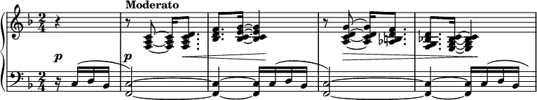 
 \relative c' {
  \new PianoStaff <<
   \new Staff { \key f \major \set Score.tempoHideNote = ##t \tempo "" 4=96 \time 2/4 \partial 4
    \override Score.NonMusicalPaperColumn #'line-break-permission = ##f
    r4 \set Score.tempoHideNote = ##t \tempo "Moderato" 4=96 r8
    <c~ a~ f~> <c a f>16 <d c a f>8. <f d bes> <g~ e~ c~ bes~>16 <g e c bes>4
    r8 <g~ d~ c~ a~> <g d c a>16 <f d b aes>8. <d bes! g f>8. <c~ bes~ g~ e~>16 <c bes g e>4
   }
   \new Dynamics {
    s4\p s\p s16 s8.\< s4 s\! s8 s\> s4 s s\!
   }
   \new Staff { \key f \major \time 2/4 \clef bass
    r16 c,^( d bes <c~ f,~>2) <c~ f,~>4 <c f,>16 c^( d bes
    <c~ f,~>2) <c~ f,~>4 <c f,>16[ c^( d bes16*1/2] \hideNotes c)
   }
  >>
 }
