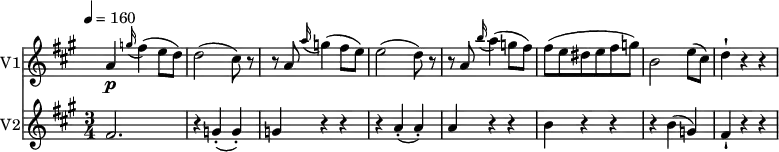 
<< \new Staff \with { instrumentName = #"V1"}
 \relative c'' {
    \version "2.18.2"
    \key a \major 
    \time 3/4
    \tempo 4 = 160
    \omit Staff.TimeSignature
     \set Score.currentBarNumber = #108
  a4 \p \grace g'16 (fis4) (e8 d)
  d2 (cis8) r
  r a  \grace a'16 (g4) (fis8 e) 
  e2 (d8) r
  r a  \grace b'16 (a4) (g8 fis)
  fis (e dis e fis g)
  b,2 e8 (cis) d4-! r r
}
\new Staff \with { instrumentName = #"V2"}
 \relative c' {
   \key a \major
   \time 3/4
   fis2. r4 g-. (g-.) g r r
   r a-. (a-.) a r r 
   b r r r b (g) fis-! r r
 }
>>
