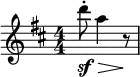 
  \relative c'' { \set Staff.midiInstrument = #"clarinet" \clef treble \key d \major \numericTimeSignature \time 4/4 \partial 2*1 d'8-.\sf\> a4 r8\! }
