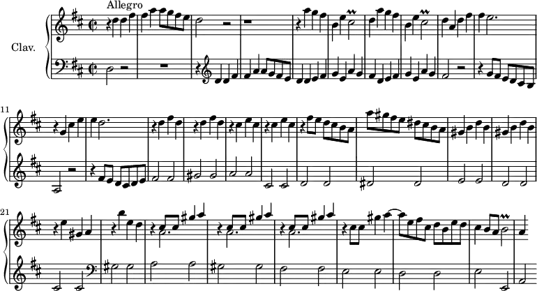 
\version "2.18.2"
\header {
  tagline = ##f
}
%% les petites notes
trillC     = { \tag #'print { cis2\prall } \tag #'midi { d16 cis d cis d cis~ cis8 } }
trillB     = { \tag #'print { b2\prall } \tag #'midi { cis16 b cis b cis b~ b8 } }
upper = \relative c'' {
  \clef treble 
  \key d \major
  \time 2/2
  \tempo 2 = 102
  \set Staff.midiInstrument = #"harpsichord"
      s8*0^\markup{Allegro} r4 d4 d fis | fis a a8 g fis e | d2 | r2 | r1 | r4 a'4 g fis |
      % ms. 6
      b,4 e \trillC | d4 a' g fis | b, e \trillC | d4 a d fis | fis e2. |
      % ms. 11
      r4 g,4 cis e | e d2. | \repeat unfold 2 { r4 d4 fis d } | \repeat unfold 2 { r4 cis4 e cis }
      % ms. 17
      r4 fis8 e d cis b a | a' gis fis e dis cis b a | \repeat unfold 2 { gis4 b d b } | r4 e4 gis, a |
      % ms. 22
      r4 b'4 e, d | \repeat unfold 3 { r4 << { cis8 cis gis'4 a } \\ { a,2. } >> } | r4 cis8 cis gis'4 a~ |
      % ms. 27
      a8 e fis cis  d b e d | cis4 b8 a \trillB | a4 % ms. 29
}
lower = \relative c {
  \clef bass
  \key d \major
  \time 2/2
  \set Staff.midiInstrument = #"harpsichord"
    % **************************************
      d2 r2 | R1 | r4   \clef treble d'4 d fis | fis a a8 g fis e | d4 d e fis | 
      % ms. 6
      g4 e a g | fis d e fis | g e a g | fis2 r2 | r4 g8 fis  e d cis b | 
      % ms. 11
a2 r2 | r4 fis'8 e  d cis d e | fis2 fis | gis gis | a a | cis, cis |
      d2 d | dis2 dis | e e | d d | cis cis | 
      % ms. 22
        \clef bass gis2 gis | a a | gis gis | fis fis | e e |
      % ms. 27
      d2 d | e e, | a 
}
thePianoStaff = \new PianoStaff <<
    \set PianoStaff.instrumentName = #"Clav."
    \new Staff = "upper" \upper
    \new Staff = "lower" \lower
  >>
\score {
  \keepWithTag #'print \thePianoStaff
  \layout {
      #(layout-set-staff-size 17)
    \context {
      \Score
     \override SpacingSpanner.common-shortest-duration = #(ly:make-moment 1/2)
      \remove "Metronome_mark_engraver"
    }
  }
}
\score {
  \keepWithTag #'midi \thePianoStaff
  \midi { }
}
