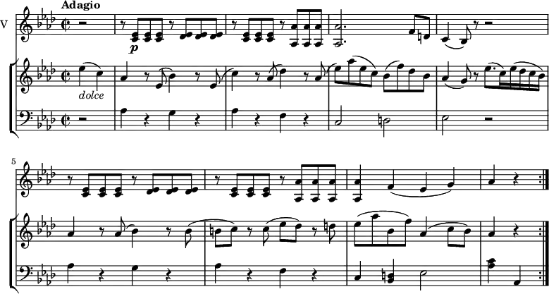 
\new GrandStaff <<
    \new StaffGroup <<
      \new Staff {
        \version "2.18.2"
        \tempo  "Adagio"
        \clef treble
        \key aes \major
        \time 2/2
        \tempo 4 = 60       
     \relative c'' {
                  \partial 2 ees4 _ \markup  \italic  {dolce}  (c)
                  aes r8 ees (bes'4) r8 ees, (c'4) r8
                  aes8 (des4) r8  aes (ees')
                  aes (ees c) bes (f') des bes
                  aes4 (g8) r ees'8. (c16) ees (des c bes)
                  aes4 r8 aes (bes4) r8 bes (b c)
                  r8 c (ees des) r d
                  ees (aes bes, f') aes,4 (c8 bes) 
                  aes4 r \bar ":|."
            }
      }
      \new Staff {
                 \clef bass 
                 \key aes \major
                 \time 2/2            
      \relative c' {
             \partial 2  r2 
             aes4 r g r 
             aes r f r
             c2 d ees r
             aes4 r g r 
             aes r f r
             c <d bes> ees2
             <aes c>4 aes,
             \bar ":|."
             }
      }
>>
    \new Staff { \set Staff.instrumentName = "V"
           \relative c'' {
              \key aes \major
              \time 2/2
            \partial 2  r2 r8  <c, ees>8 \p <c ees> <c ees> r <des ees> <des ees> <des ees>
            r <c ees> <c ees> <c ees> r <aes aes'> <aes aes'> <aes aes'>
            <aes aes'>2. f'8 d
            c4 (bes8) r r2
            r8 <c ees>8 <c ees> <c ees> r <des ees> <des ees> <des ees>
            r <c ees> <c ees> <c ees> r <aes aes'> <aes aes'> <aes aes'>
           <aes aes'>4 f' (ees g)
           aes r \bar ":|."
            } 
      }
  >>
