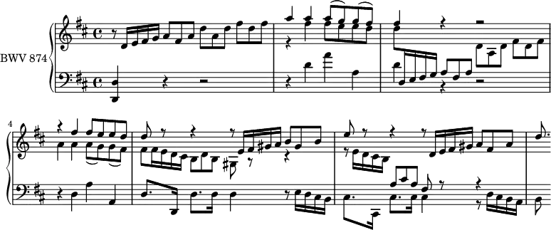 
\version "2.18.2"
\header {
  tagline = ##f
}
%% PRÉLUDE CBT II-5, BWV 874, ré majeur
%#(define ((double-time-signature) grob)
  % (grob-interpret-markup grob
   %   (markup #:override '(baseline-skip . 0) #:number
   %     (#:line ((markup (#:musicglyph "timesig.C22"))
   %              (#:center-column ("12" "8")))))))
upper = \relative c' {
  \set Staff.midiInstrument = #"harpsichord" 
  \clef treble 
  \key d \major
  \tempo 4 = 84
 % \override Staff.TimeSignature.stencil = #(double-time-signature)
  \time 4/4
  \tuplet 3/2 { r8 d16 e fis g a8 fis a d a d fis d fis } |
  << {
    a4 a a8( g) g( fis) | fis4 r4 r2 | r4 fis4 fis8 e e d | d r8 r4 \tuplet 3/2 { r8 e,16[ fis gis a] b8 gis b } |
    e r8 r4 \tuplet 3/2 { r8 d,16 e fis gis a8 fis a } | d8.
  } \\ {
    r4 fis4 fis8 e e d |
    \tuplet 3/2 { d \stemUp \change Staff = "lower" d,,16 e fis g a8 fis a \stemDown \change Staff = "upper" d a d fis d fis } |
    a4 a a8( g) g( fis) | \tuplet 3/2 { fis fis16 e d cis b8 d b } gis r8 r4 |
    \tuplet 3/2 { r8 e'16 d cis b \stemUp \change Staff = "lower" \voiceOne a8 cis a } fis8 r r4 |
  } >>
}
lower = \relative c {
  \set Staff.midiInstrument = #"harpsichord" 
  \clef bass 
  \key d \major
  %\override Staff.TimeSignature.stencil = #(double-time-signature)
  \time 4/4
  < d d, >4 r4 r2 | r4 d' a' a, | d r4 r2 | r4 d, a' a, |
  d8.*8/9 d,16*4/3 d'8.*8/9 d16*4/3 d4 \tuplet 3/2 { r8 \stemDown e16 d cis b } |
  \voiceTwo cis8.*8/9 cis,16*4/3 cis'8.*8/9 cis16*4/3 cis4 \tuplet 3/2 { r8 d16 cis b a } |
  b8
} 
\score {
  \new PianoStaff <<
    \set PianoStaff.instrumentName = #"BWV 874"
    \new Staff = "upper" \upper
    \new Staff = "lower" \lower
  >>
  \layout {
    \context {
      \Score
      \remove "Metronome_mark_engraver"
      \override SpacingSpanner.common-shortest-duration = #(ly:make-moment 1/2)
    }
    \context {
      \Staff
      \omit TupletBracket
      \omit TupletNumber
    }
  }
  \midi { }
}
