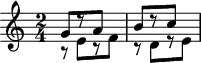 
\header {
  tagline = ##f
}
\score {
  \new Staff \with {
  }
<<
  \relative c'' {
    \key c \major
    \time 2/4
    \override TupletBracket #'bracket-visibility = ##f 
    \autoBeamOff
     %%%%%%%%%%%%%%%%%%%%%%%%%% K1b
     << { g8[ r8 a] } \\ { r8 e8[ r8 f] } >>
     << { b8[ r8 c] } \\ { r8 d,8[ r8 e] } >>
  }
>>
  \layout {
    \context {
      \remove "Metronome_mark_engraver"
    }
  }
  \midi {}
}
