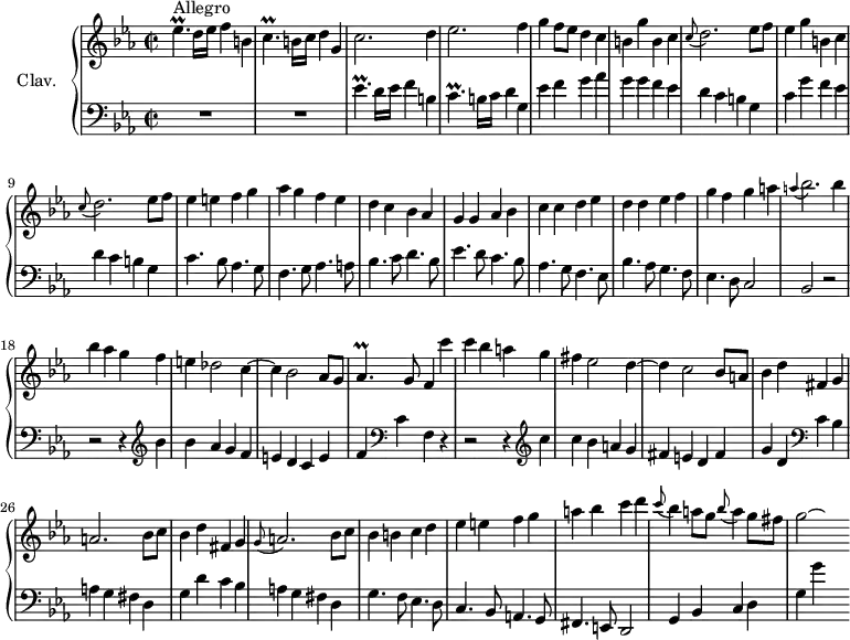 
\version "2.18.2"
\header {
  tagline = ##f
  % composer = "Domenico Scarlatti"
  % opus = "K. 254"
  % meter = "Allegro"
}
%% les petites notes
trillEesp     = { \tag #'print { ees4.\prall } \tag #'midi { f32 ees f ees~ ees4 } }
trillCesp     = { \tag #'print { c4.\prall } \tag #'midi { d32 c d c~ c4 } }
trillAesp     = { \tag #'print { aes4.\prall } \tag #'midi { bes32 aes bes aes~ aes4 } }
appoABesbp    = { \tag #'print { \appoggiatura a4 bes2. } \tag #'midi { a2   \tempo 2 = 32 bes4   \tempo 2 = 76 } }
appoGAbp      = { \tag #'print { \appoggiatura g8 a2. } \tag #'midi { g4 a2 } }
appoCDbp      = { \tag #'print { \appoggiatura c8 d2. } \tag #'midi { c4 d2 } }
upper = \relative c'' {
  \clef treble 
  \key c \minor
  \time 2/2
  \tempo 2 = 76
  \set Staff.midiInstrument = #"harpsichord"
  \override TupletBracket.bracket-visibility = ##f
      s8*0^\markup{Allegro}
      \trillEesp d16 ees f4 b, | \trillCesp b16 c d 4 g, | c2. d4 | ees2. f4 |
      % ms. 5
      g4 f8 ees d4 c | b g' b, c | \appoCDbp ees8 f | ees4 g b, c | \appoCDbp ees8 f |
      % ms. 10
      ees4 e f g | aes g f ees | d c bes aes | g g aes bes | c c d ees
      % ms. 15
      d4 d ees f | g f g a | \appoABesbp bes4 | bes aes g f | e des2 c4~ |
      % ms. 20
      c4 bes2 aes8 g | \trillAesp g8 f4 c'' | c bes a g | fis ees2 d4~ | d c2 bes8 a |
      % ms. 25
      bes4 d fis, g | a2. bes8 c | bes4 d fis, g | \appoGAbp bes8 c | bes4 b c d |
      % ms. 30
      ees e f g a bes c d | \appoggiatura c8 bes4 a8 g \appoggiatura bes8 a4 g8 fis | g2~ \hideNotes g8
}
lower = \relative c' {
  \clef bass
  \key c \minor
  \time 2/2
  \set Staff.midiInstrument = #"harpsichord"
  \override TupletBracket.bracket-visibility = ##f
    % ************************************** \appoggiatura a16  \repeat unfold 2 {  } \times 2/3 { }   \omit TupletNumber 
      R1*2 | \trillEesp d16 ees f4 b, | \trillCesp b16 c d4 g, |
      % ms. 5
      ees'4 f g aes | g g f ees | d c b g | c g' f ees d c b g |
      % ms. 10
      c4. bes8 aes4. g8 | f4. g8 aes4. a8 | bes4. c8 d4. bes8 | ees4. d8 c4. bes8 | aes4. g8 f4. ees8 |
      % ms. 15
      bes'4. aes8 g4.  f8 | ees4. d8 c2 |   bes2 r2 | r2 r4   \clef treble bes''4 | bes aes g f |
      % ms. 20
      e4 d c e | f   \clef bass c f, r4 | r2 r4 \clef treble c''4 | c bes a g | fis e d fis |
      % ms. 25
      g4 d \clef bass c bes | a g fis d | g d' c bes | a g fis d | g4. f8 ees4. d8 |
      % ms. 30
      c4. bes8 a4. g8 | fis4. e8 d2 | g4 bes c d | g g' s4
}
thePianoStaff = \new PianoStaff <<
    \set PianoStaff.instrumentName = #"Clav."
    \new Staff = "upper" \upper
    \new Staff = "lower" \lower
  >>
\score {
  \keepWithTag #'print \thePianoStaff
  \layout {
      #(layout-set-staff-size 17)
    \context {
      \Score
     \override SpacingSpanner.common-shortest-duration = #(ly:make-moment 1/2)
      \remove "Metronome_mark_engraver"
    }
  }
}
\score {
  \keepWithTag #'midi \thePianoStaff
  \midi { }
}
