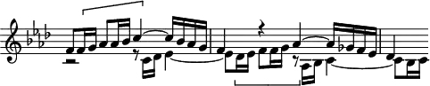 
\version "2.18.2"
\header {
  tagline = ##f
}
\score {
  \new Staff \with {
    \remove "Time_signature_engraver"
  }
<<
  \relative c' {
    \key f \minor
    \time 4/4
     %% Divertissements — fugue CBT I-12, BWV 857, fa mineur
     << { f8 \[ f16 g aes8 aes16 bes c4~ \] c16 bes aes g | f4 r4 aes4~ aes16 ges f ees |des4 } \\ { r2 r8 c16 des ees4~ ees8 \[ des16 ees f8 f16 g r8 \] aes,16 bes c4~ c8 bes16 c } >>
  }
>>
  \layout {
     \context { \Score \remove "Metronome_mark_engraver" 
     \override SpacingSpanner.common-shortest-duration = #(ly:make-moment 1/2) 
}
  }
  \midi {} 
}
