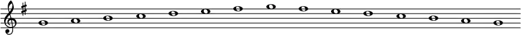 
\new Staff {
  \relative c'' {
    \key g \major
    \override Staff.TimeSignature #'stencil = ##f
    \override Staff.BarLine #'stencil = ##f
     g1 a b c d e fis g fis e d c b a g
  }
}
\midi {
  \context {
    \Score
    tempoWholesPerMinute = #(ly:make-moment 120 1)
  }
}
