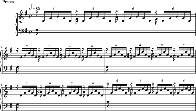 
\version "2.18.2"
\header {
  tagline = ##f
}
upper = \relative c'' {
  \clef treble 
  \key g \major
  \time 4/4
  \tempo 2 = 69
  \override TupletBracket.bracket-visibility = ##f
   %%Montgeroult — Étude 37 (pdf p. 104)
   \repeat unfold 4 { \times 4/6 { g'16\rest d,16 g b g d } }
   \repeat unfold 4 { \times 4/6 { g'16\rest e,16 g c g e } }
   \repeat unfold 4 { \times 4/6 { g'16\rest fis,16 a d a fis } }
   \repeat unfold 4 { \times 4/6 { g'16\rest d,16 g b g d } }
   \repeat unfold 4 { \times 4/6 { \stemUp c''16\rest g,16 c e c g } }
}
lower = \relative c' {
  \clef bass
  \key g \major
  \time 4/4
  \repeat unfold 2 { \change Staff = "lower" g16 s16 s8 \change Staff = "upper" \stemDown fis'16 s16 s8 a16 s16 s8 fis16 s16 s8}
  \change Staff = "lower" g,16 s16 s8 \change Staff = "upper" \stemDown gis'16 s16 s8 b16 s16 s8 gis16 s16 s8
  \change Staff = "lower" g,16 s16 s8 \change Staff = "upper" \stemDown ais'16 s16 s8 c16 s16 s8 ais16 s16 s8  
  \change Staff = "lower" c,16 s16 s8 \change Staff = "upper" \stemDown dis'16 s16 s8 fis16 s16 s8 dis16 s16 s8
}
  \header {
    piece = "Presto"
  }
\score {
  \new PianoStaff <<
    \new Staff = "upper" \upper
    \new Staff = "lower" \lower
  >>
  \layout {
      \context { \Staff \RemoveEmptyStaves }
  }
  \midi { }
}
