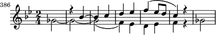 
\header {
  tagline = ##f
}
\score {
  \new Staff \with {
  }
<<
  \relative c'' {
    \key bes \major
    \time 2/4
    \tempo 4 = 120
    \override TupletBracket #'bracket-visibility = ##f 
    %\autoBeamOff
    \set Staff.midiInstrument = #"string ensemble 1"
  \set Score.currentBarNumber = #386
  \bar ""
     %%% AB 5-3 th-trio
     << { s2 r4 bes~ bes c d ees f( ees8 d c4) r4 }  \\ { ges2~ ges~ ges( f4) ees d ees f r4 ges2 } >>
  }
>>
  \layout {
    \context { \Score \remove "Metronome_mark_engraver"
    }
  }
  \midi {}
}
